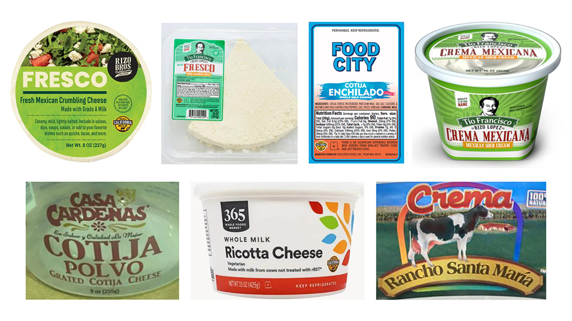 Brands of cheese recalled due to a decade-long outbreak of listeria food poisoning that killed two people and sickened more than two dozen are shown Tuesday. More foods are being recalled.
