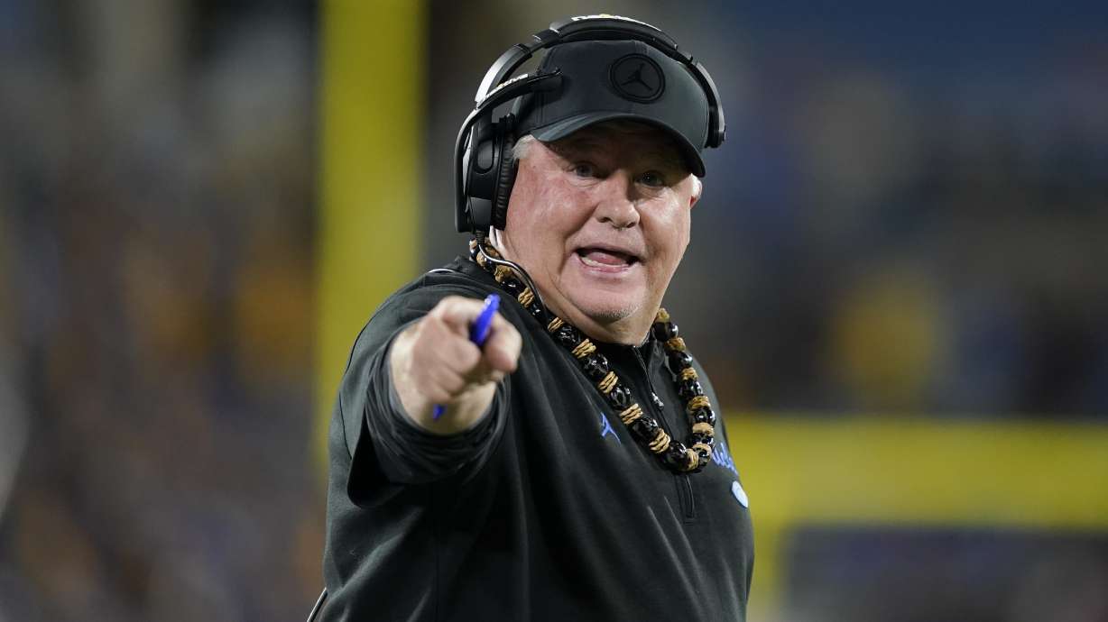UCLA coach Chip Kelly gestures during the first half of the team's NCAA college football game against California, Saturday, Nov. 25, 2023, in Pasadena, Calif.