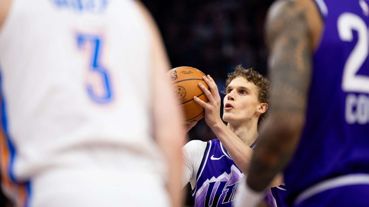 Utah Jazz forward Lauri Markkanen (23) shoots a free throw during an NBA basketball game between the Utah Jazz and the Oklahoma City Thunder at the Delta Center in Salt Lake City on Tuesday, Feb. 6, 2024.