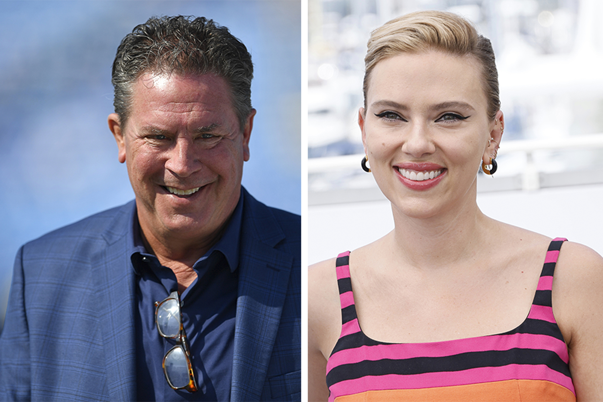 This combo photo shows NFL legend Dan Marino, left, and actress Scarlett Johansson, right. Johansson and Marino will star in the Super Bowl commercial that will focus on M&Ms candy being the comfort fun food while watching the big game. 