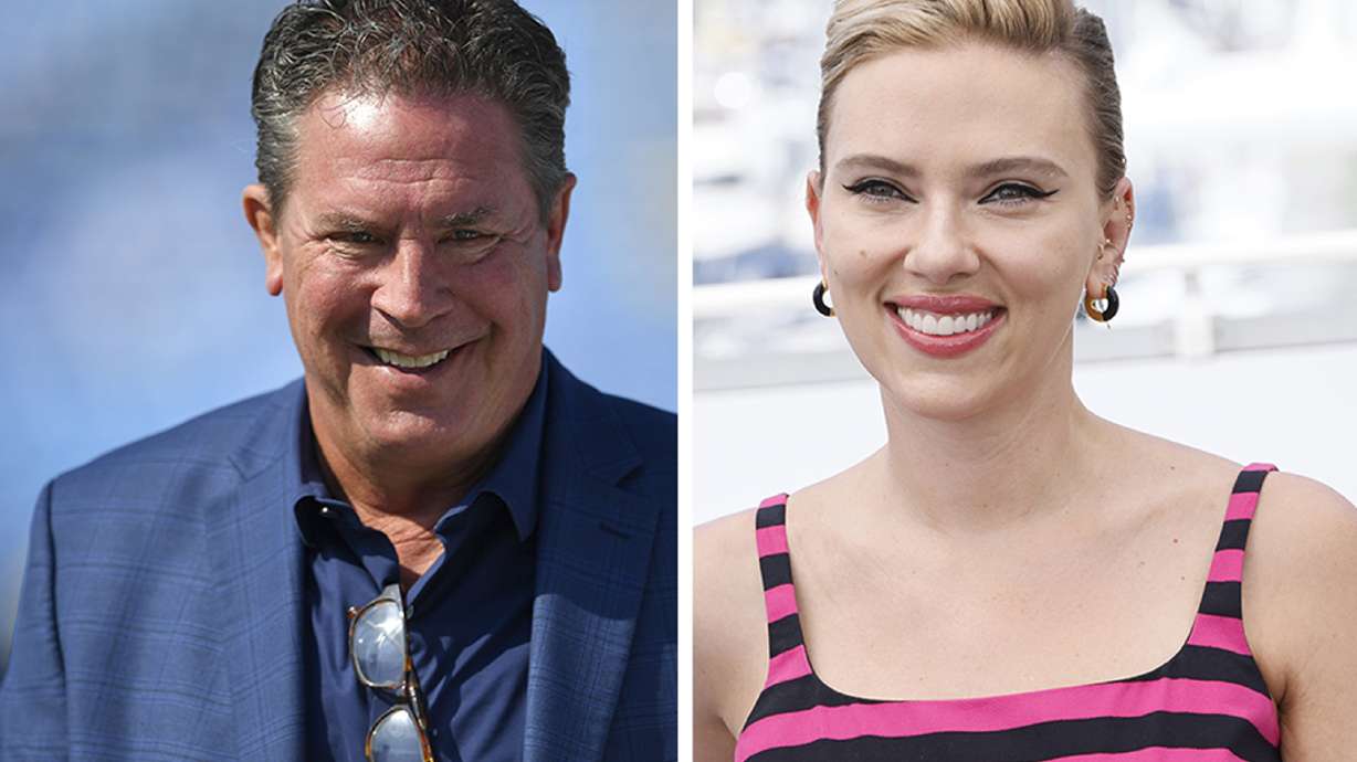 This combo photo shows NFL legend Dan Marino, left, and actress Scarlett Johansson, right. Johansson and Marino will star in the Super Bowl commercial that will focus on M&Ms candy being the comfort fun food while watching the big game.