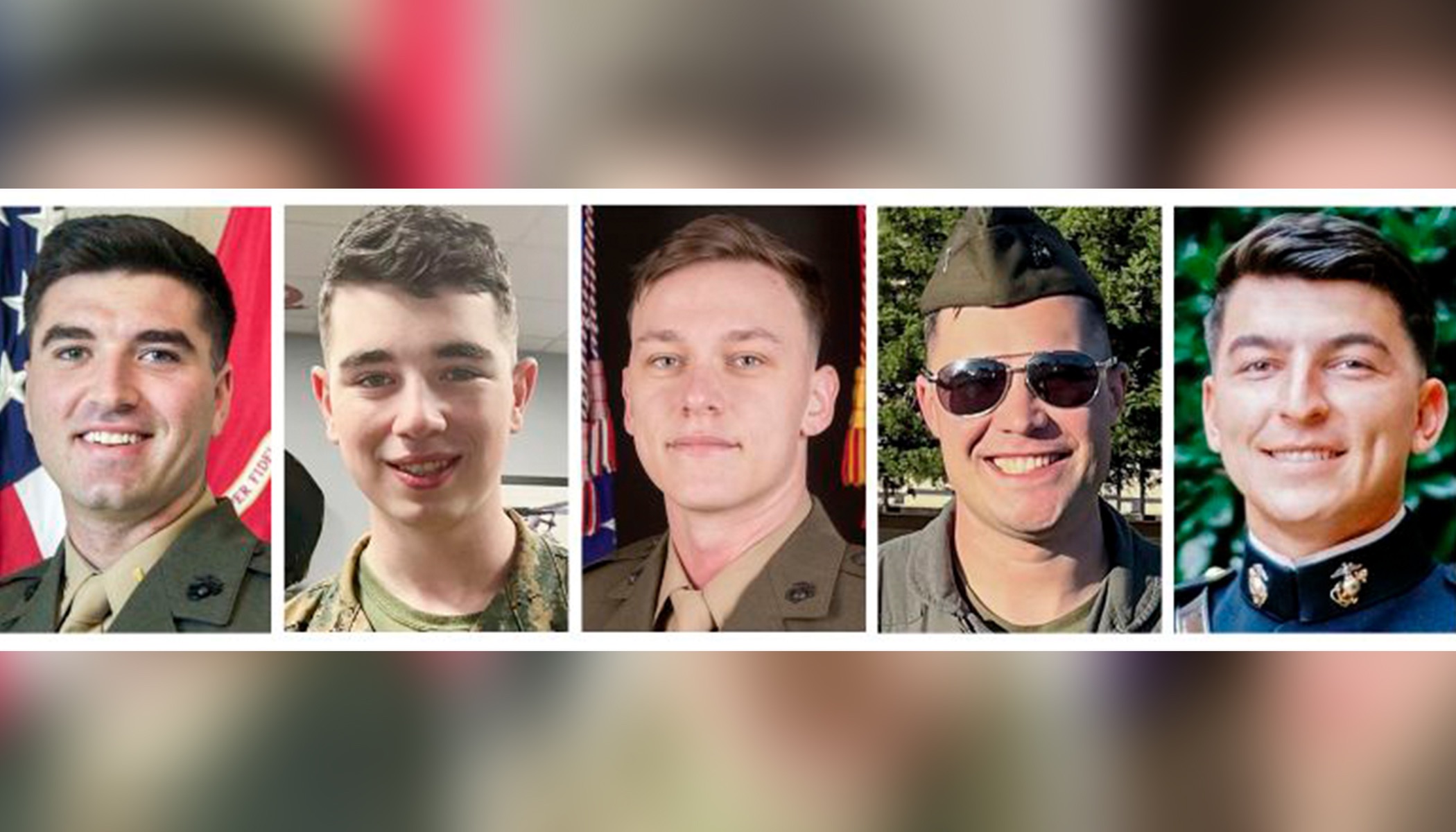 This combo of images shows, from left, Capt. Jack Casey, 26, of Dover, N.H., Lance Cpl. Donovan Davis, 21, of Olathe, Kan., Sgt. Alec Langen, 23, of Chandler, Ariz., Capt. Benjamin Moulton, 27, of Emmett, Idaho, and Capt. Miguel Nava, 28, of Traverse City, Mich. The five Marines were killed when their CH-53E Super Stallion helicopter went down in the mountains outside San Diego during a historic storm Tuesday night.