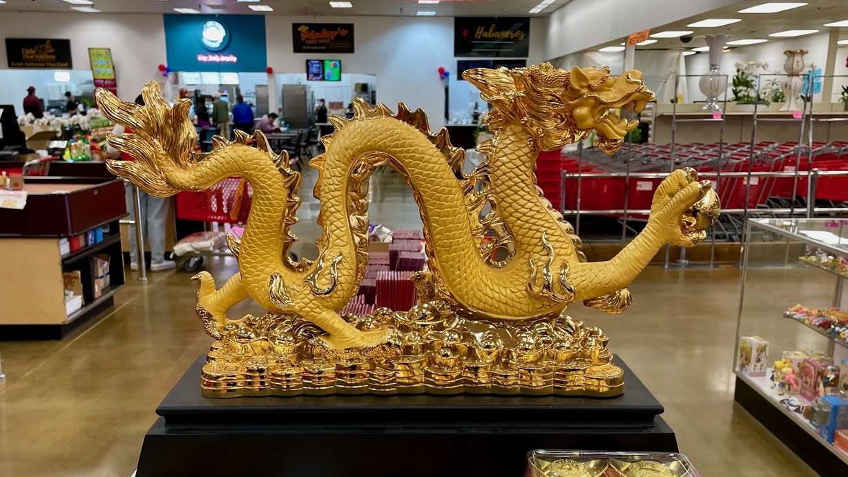 Saturday is the Lunar New Year and marks the start of the year of the dragon. The dragon figure, photographed Friday, is located at Ocean Mart in Ogden, which is planning activities to mark the day.