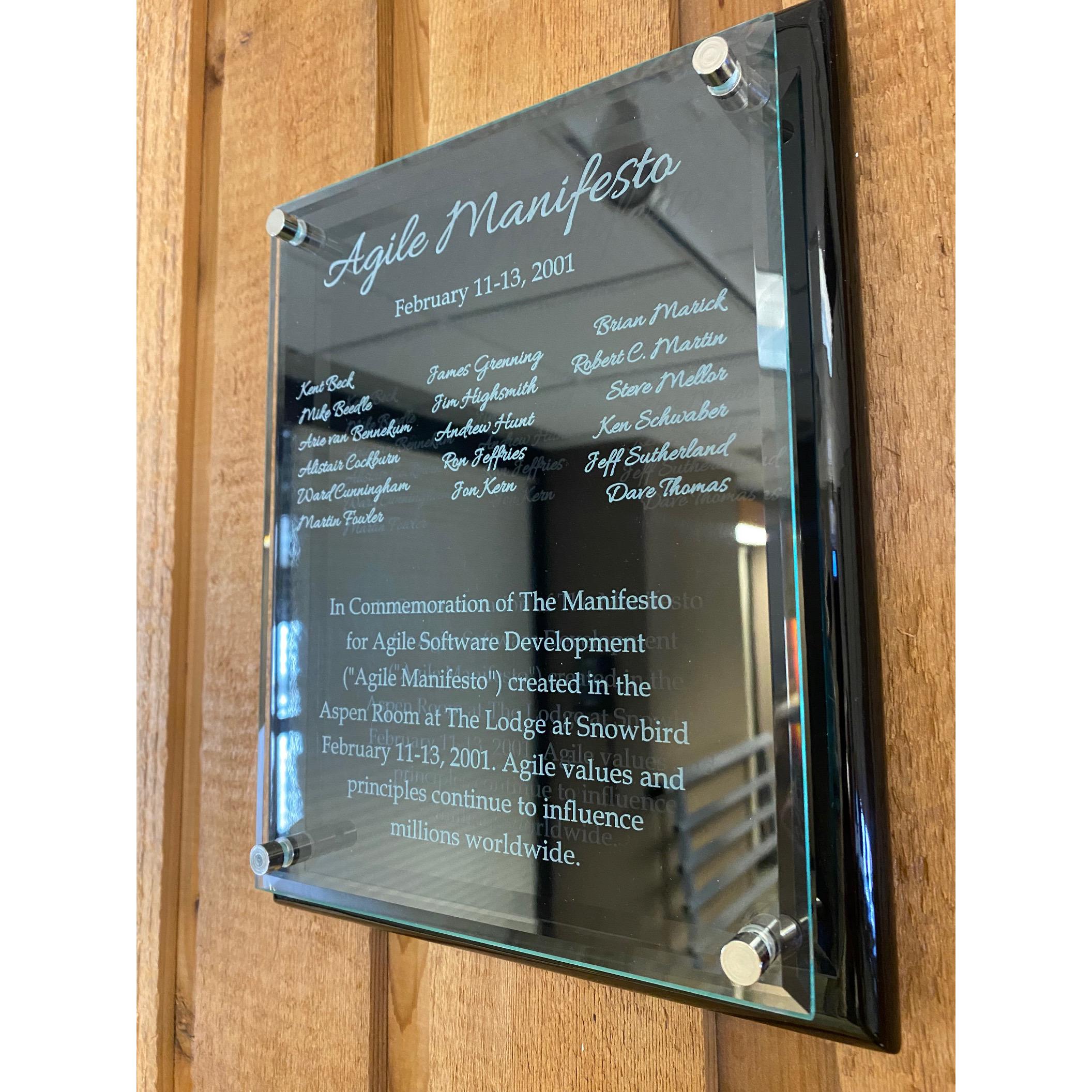 A plaque commemorating the creation of the Agile Manifesto hangs in the lodge at Snowbird, where 17 software developers met in 2001 to write it. The document has since revolutionized the software industry, as well as other industries.