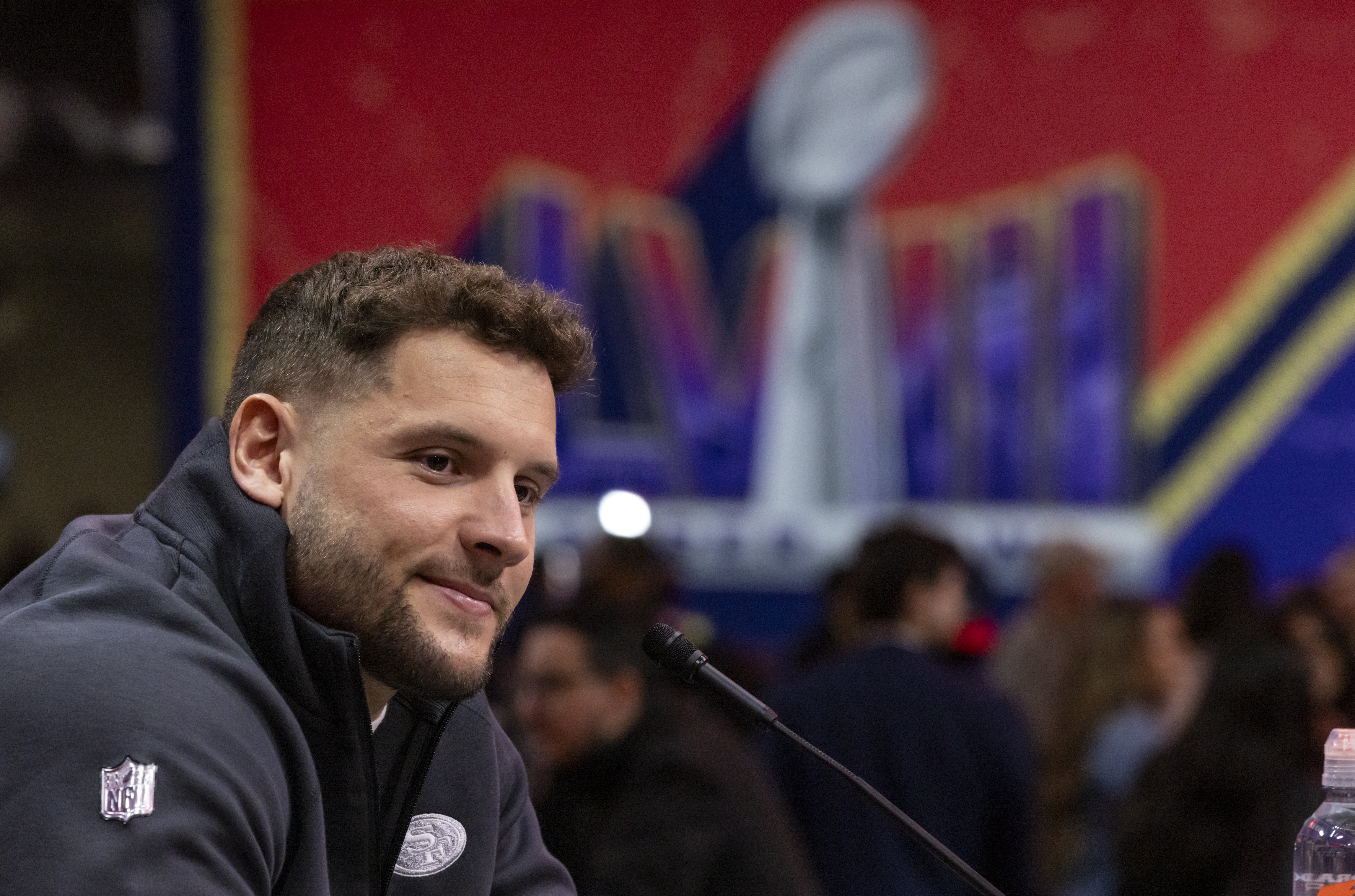 San Francisco 49ers defensive end Nick Bosa speaks to reporters during opening night festivities for Super Bowl LVIII at Allegiant Stadium in Las Vegas on Monday, Feb. 5, 2024./San Francisco Chronicle via AP)