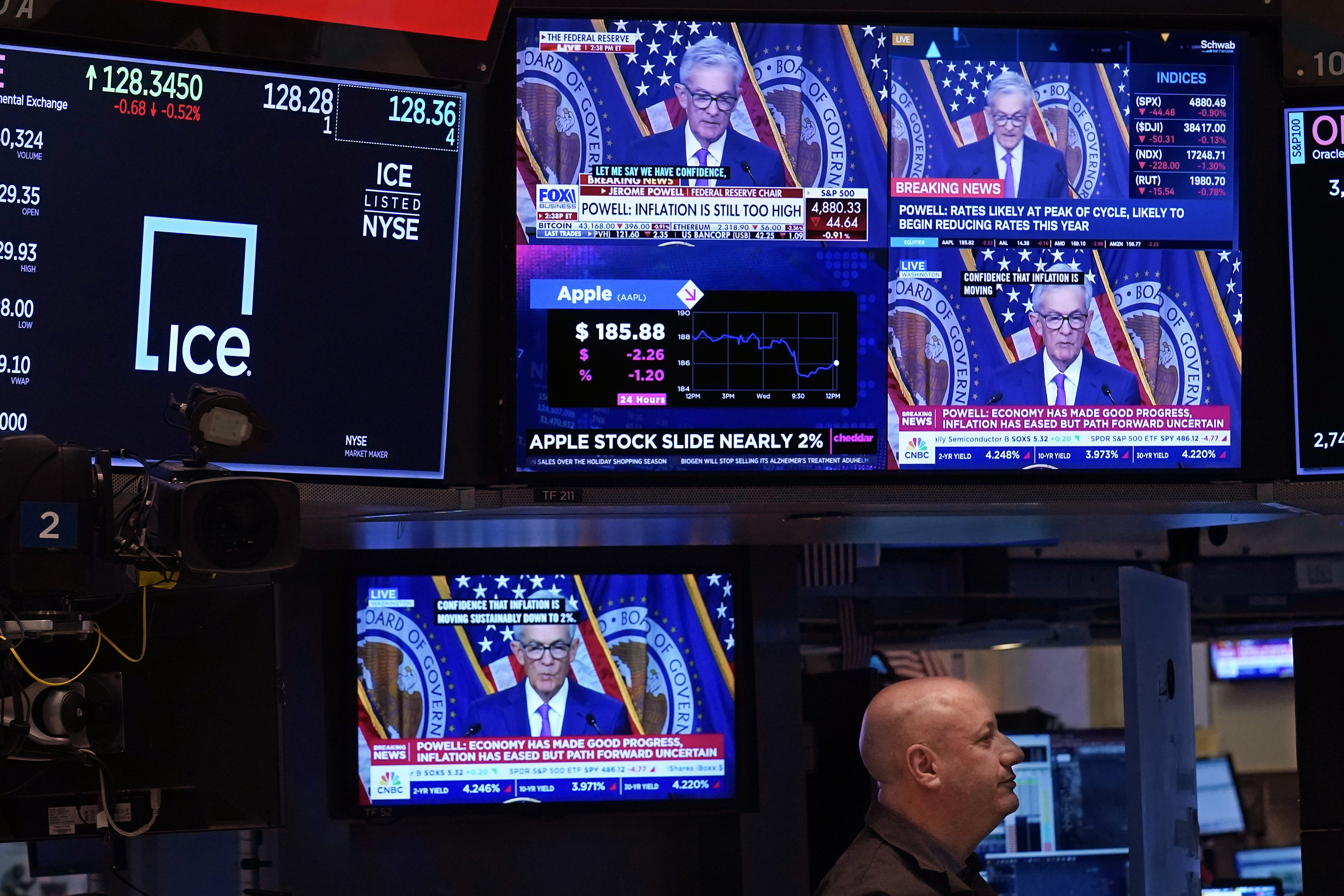 Television screens on the floor of the New York Stock Exchange, Jan. 31. A strong performance in financial markets helped entrench existing trends of wealth inequality during the pandemic.