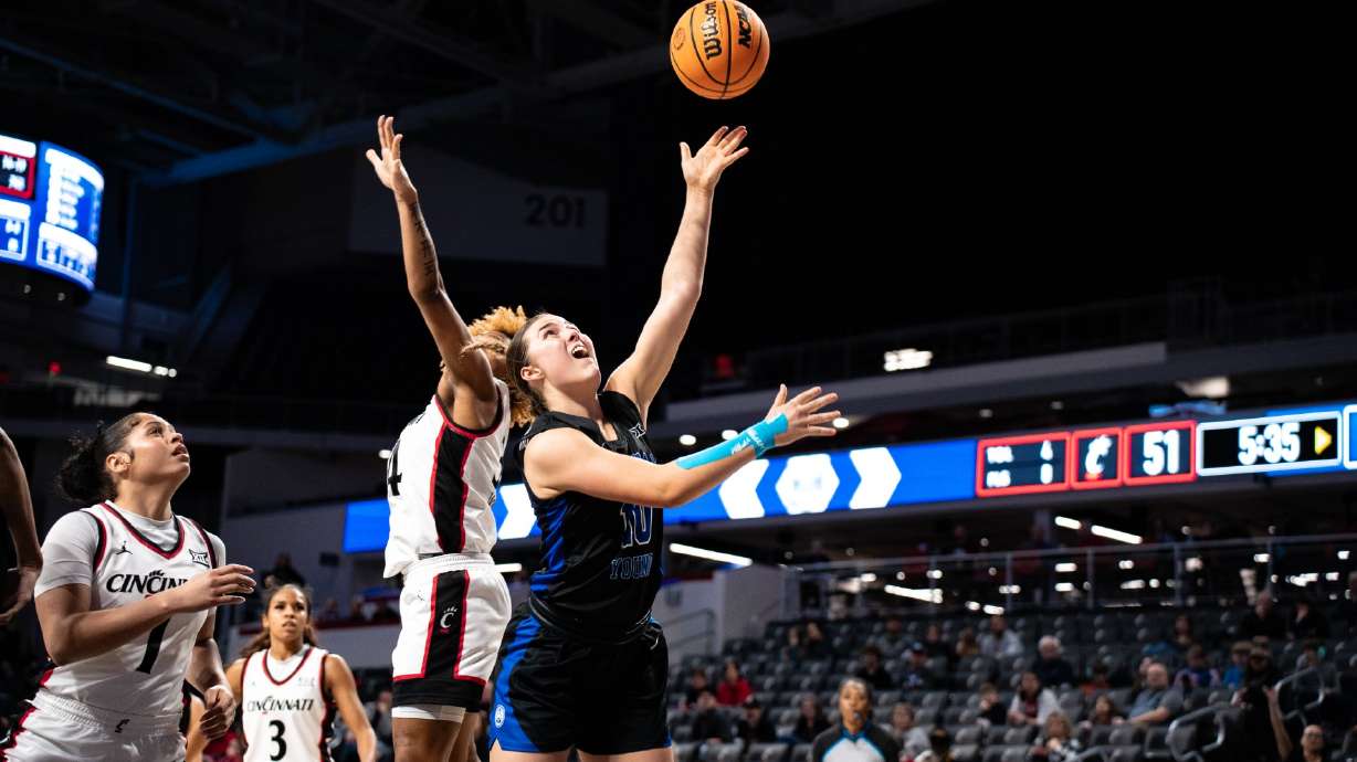BYU guard Kailey Woolston puts up a shot against Cincinnati, Saturday, Feb. 10, 2024 at Fifth Third Arena in Cincinnati, Ohio. The Cougars won, 69-57.