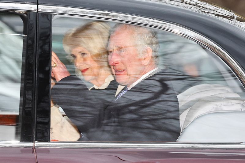 Britain's King Charles and Queen Camilla leave Clarence House, the day after it was announced King Charles has been diagnosed with cancer, in London, Britain, Feb. 6.
