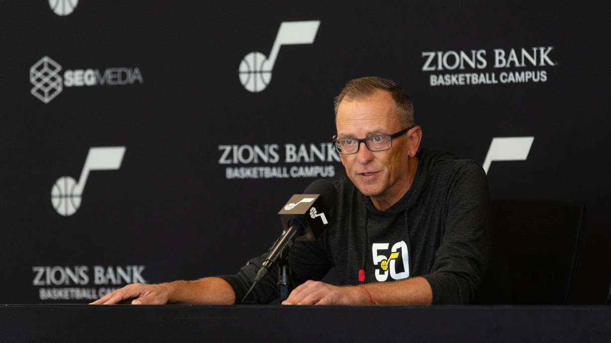 Utah Jazz general manager Justin Zanik speaks at a press conference at the Zions Bank Basketball Campus in Salt Lake City on Friday, Sept. 29, 2023.