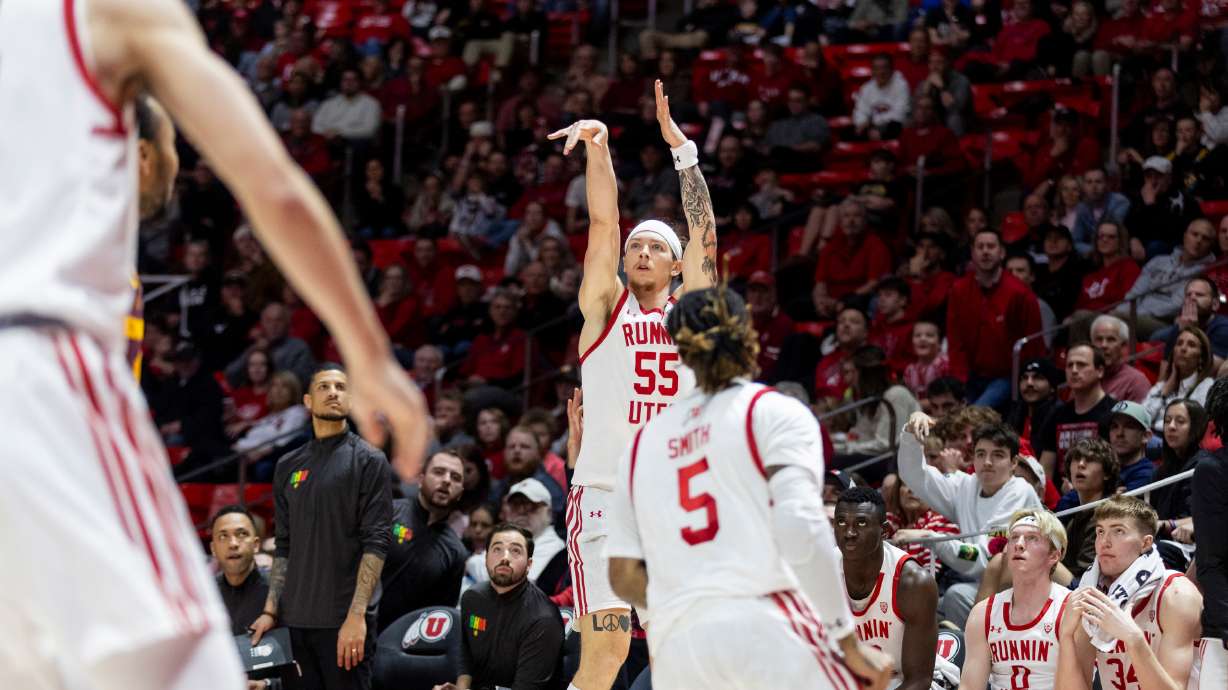 Utah Utes guard Gabe Madsen (55) shoots the ball during a game against the Arizona Sun Devils at the Huntsman Center in Salt Lake City on Saturday, Feb. 10, 2023.