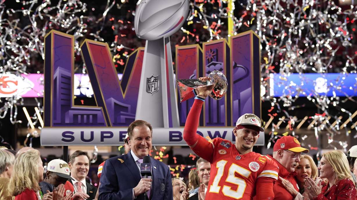Kansas City Chiefs quarterback Patrick Mahomes (15) celebrates after the NFL Super Bowl 58 football game against the San Francisco 49ers, Sunday, Feb. 11, 2024, in Las Vegas. The Kansas City Chiefs won 25-22 against the San Francisco 49ers.