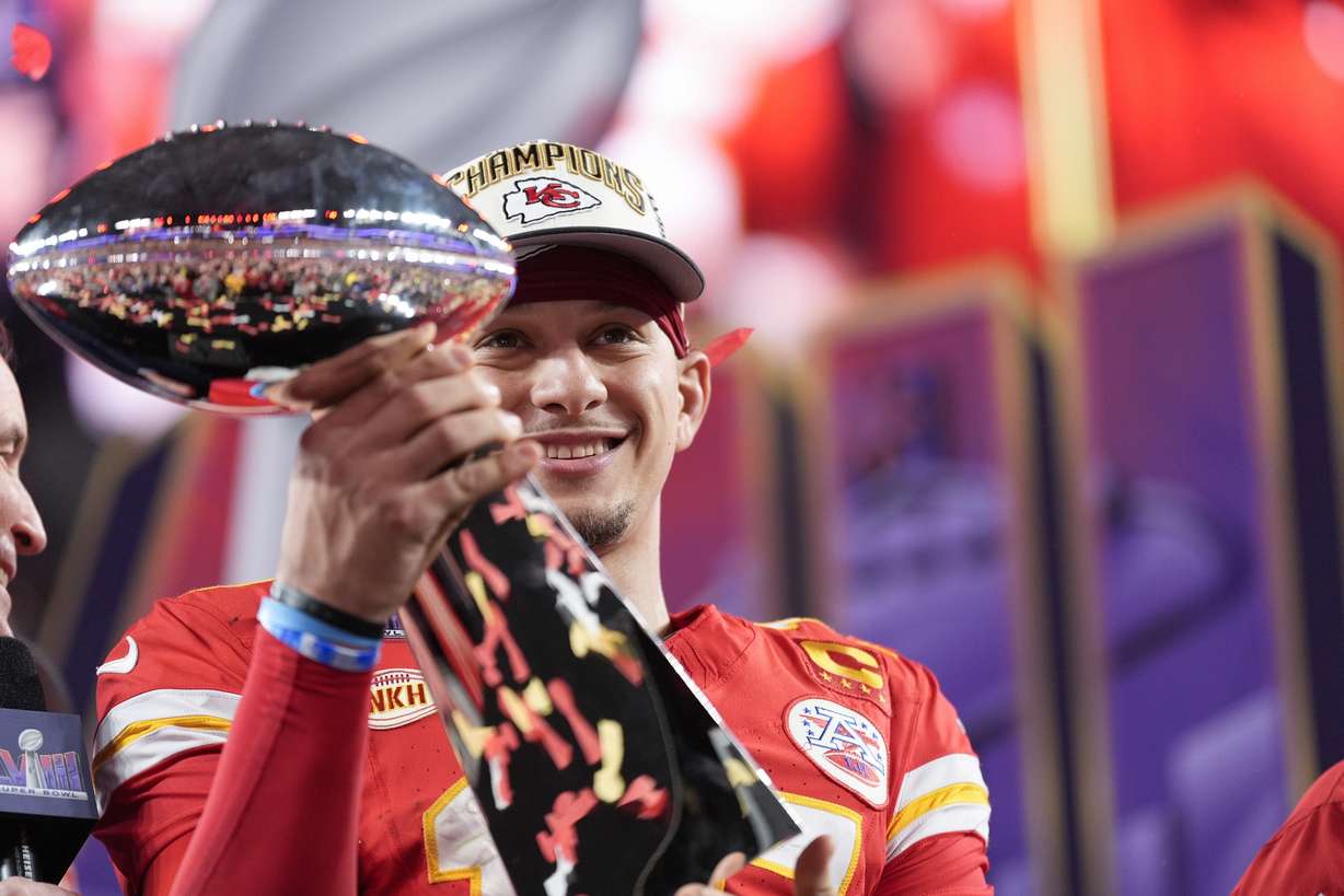 Kansas City Chiefs quarterback Patrick Mahomes holds the Vince Lombardi Trophy after the NFL Super Bowl 58 football game against the San Francisco 49ers on Sunday, Feb. 11, 2024, in Las Vegas. The Kansas City Chiefs won 25-22 against the San Francisco 49ers.