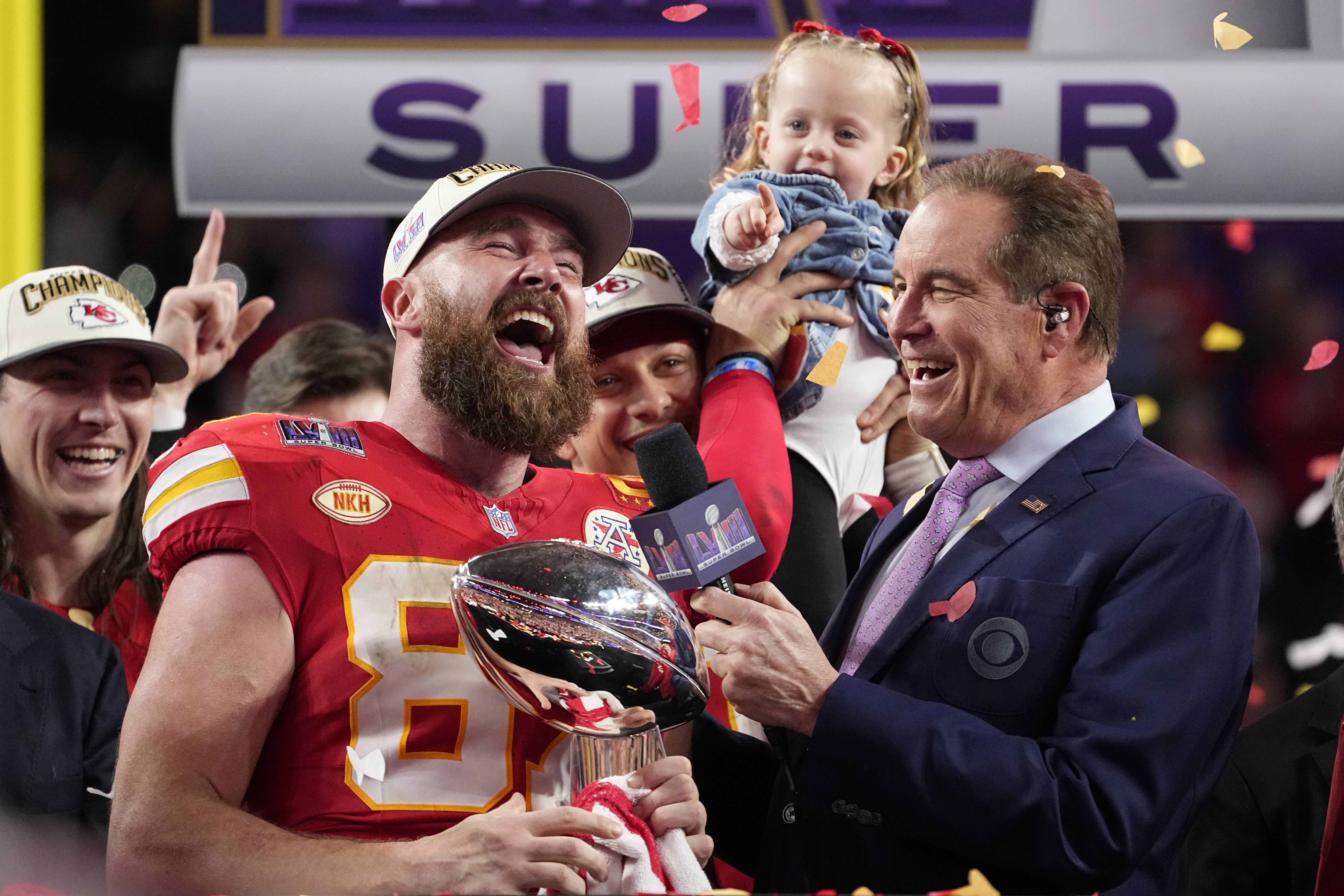 Kansas City Chiefs tight end Travis Kelce (87) celebrates after the NFL Super Bowl 58 football game against the San Francisco 49ers, Sunday, Feb. 11, 2024, in Las Vegas. The Chiefs won 25-22. 