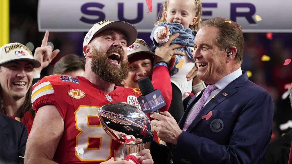 Kansas City Chiefs tight end Travis Kelce (87) celebrates after the NFL Super Bowl 58 football game against the San Francisco 49ers, Sunday, Feb. 11, 2024, in Las Vegas. The Chiefs won 25-22.