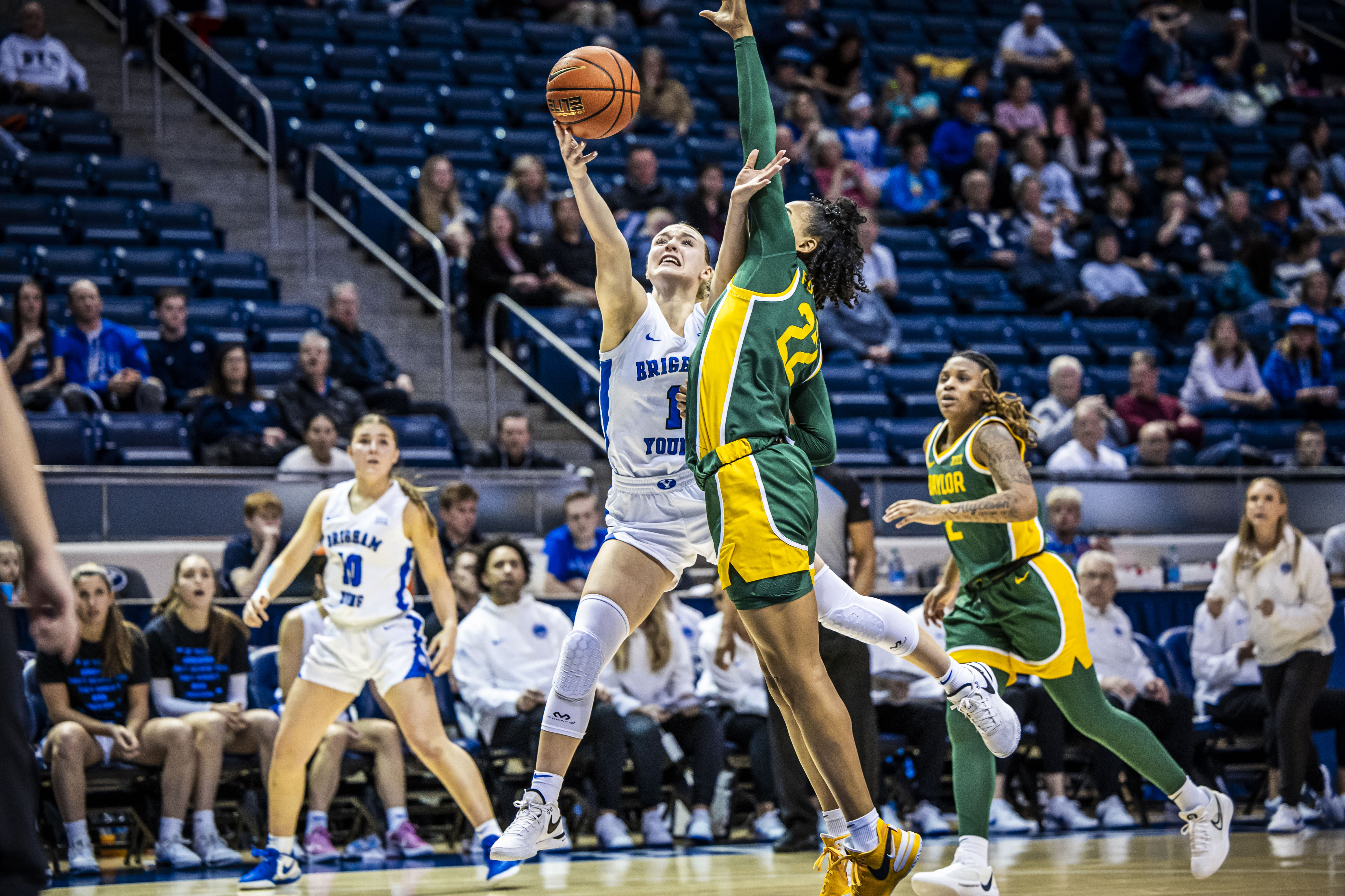 BYU guard Amari Whiting drives to the rim against No. 18 Baylor, Wednesday, Feb. 7, 2024 at the Marriott Center in Provo, Utah. BYU won, 78-66.