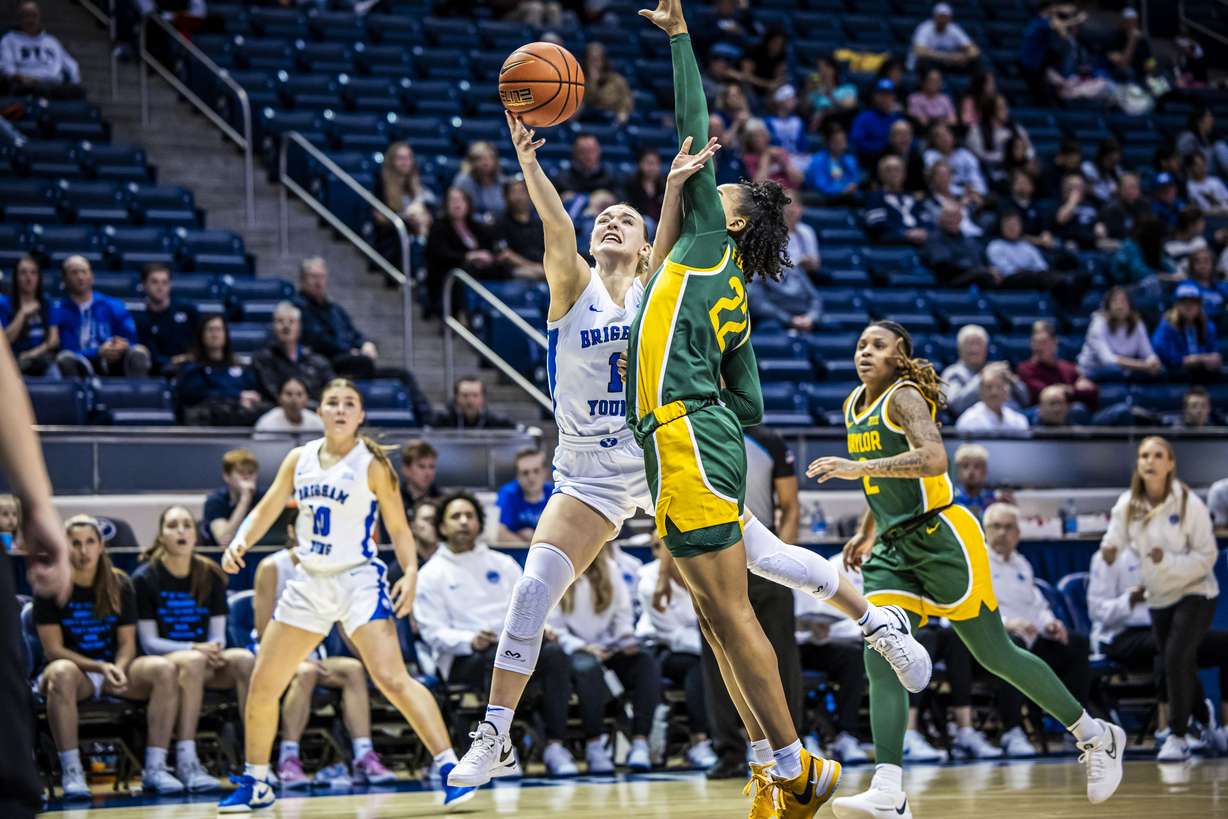 BYU guard Amari Whiting drives to the rim against No. 18 Baylor, Wednesday, Feb. 7, 2024 at the Marriott Center in Provo, Utah. BYU won, 78-66.
