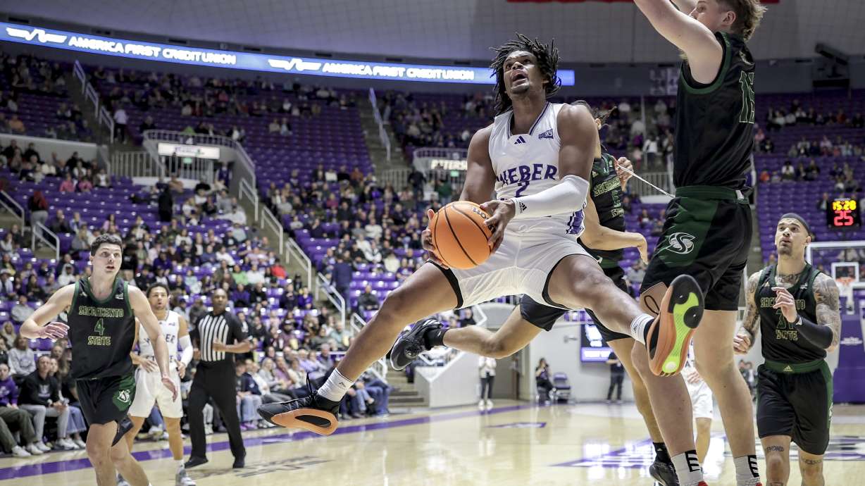Weber State's Dillon Jones puts up a shot against Portland State, Saturday, Feb. 9, 2024 in Ogden, Utah.