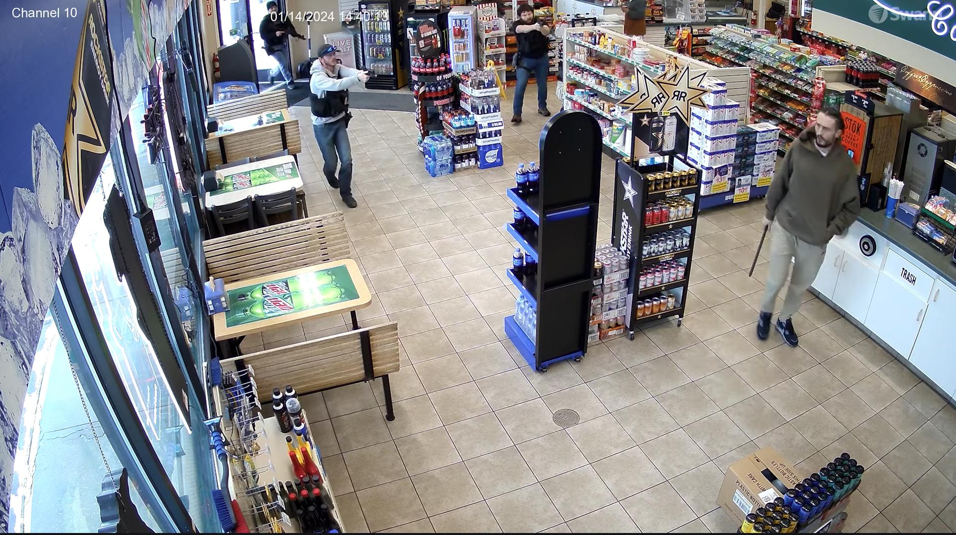 William Toon in a Riverdale convenience store on Jan. 14, as three officers attempt to detain him. Toon was a suspect in an attempted murder in Pleasant Grove, and officers subsequently shot and killed him in the Riverdale store.