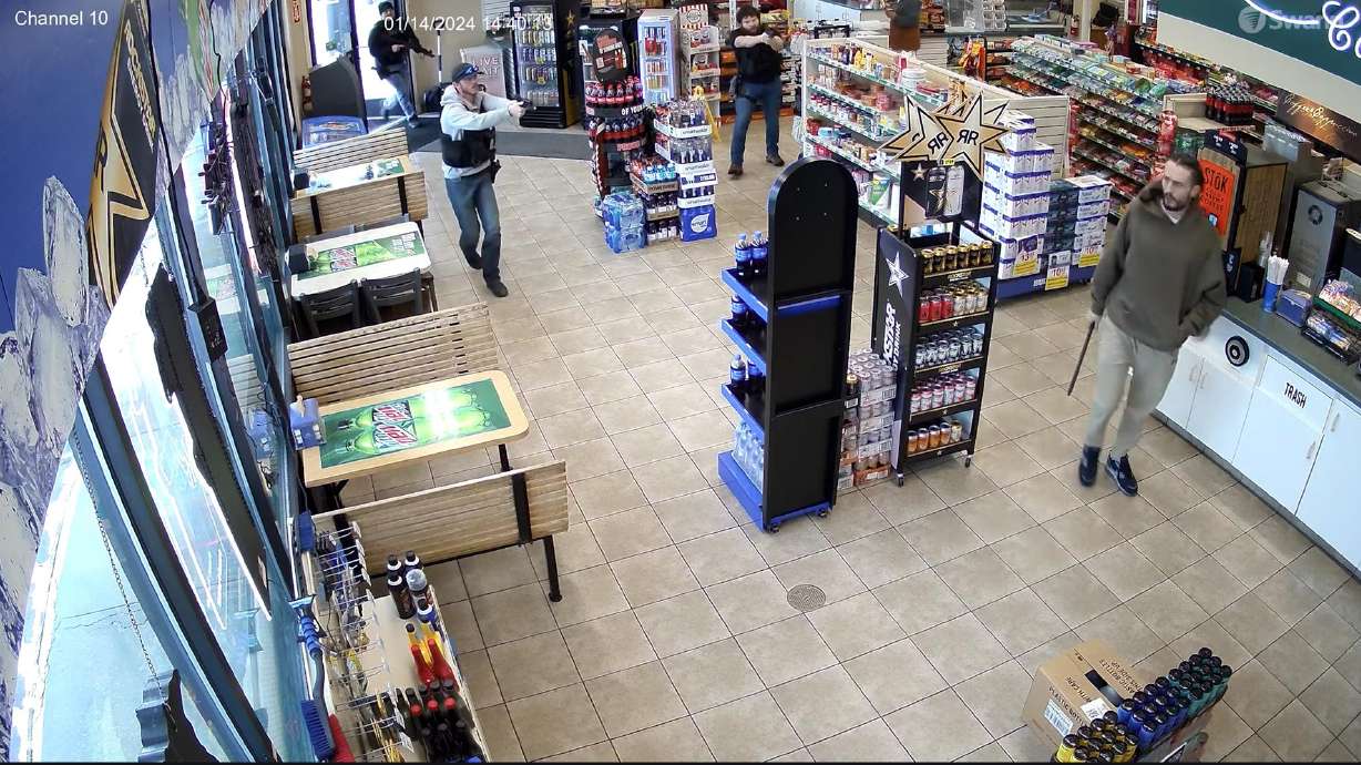 William Toon in a Riverdale convenience store on Jan. 14, as three officers attempt to detain him. Toon was a suspect in an attempted murder in Pleasant Grove, and officers subsequently shot and killed him in the Riverdale store.