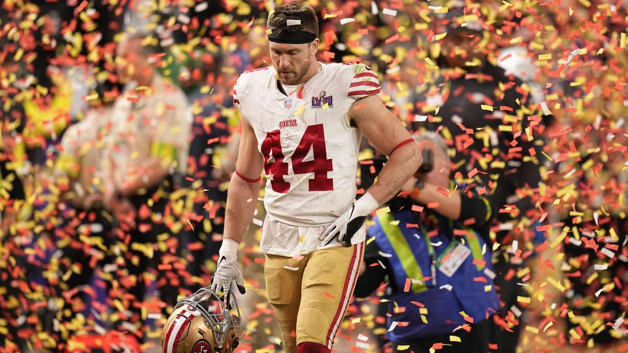 San Francisco 49ers fullback Kyle Juszczyk walks off the field after the NFL Super Bowl 58 football game against the Kansas City Chiefs, Sunday, Feb. 11, 2024, in Las Vegas. The Chiefs won 25-22 against the 49ers.