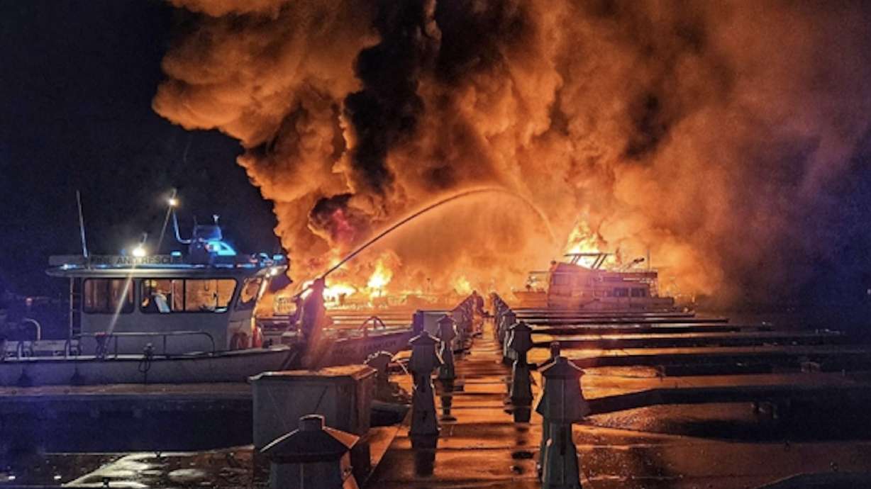 Fire crews respond to fire at Bullfrog Marina at Lake Powell in Kane County on Oct. 26, 2023. National Park Service officials concluded Friday that the fire was "accidental in nature."