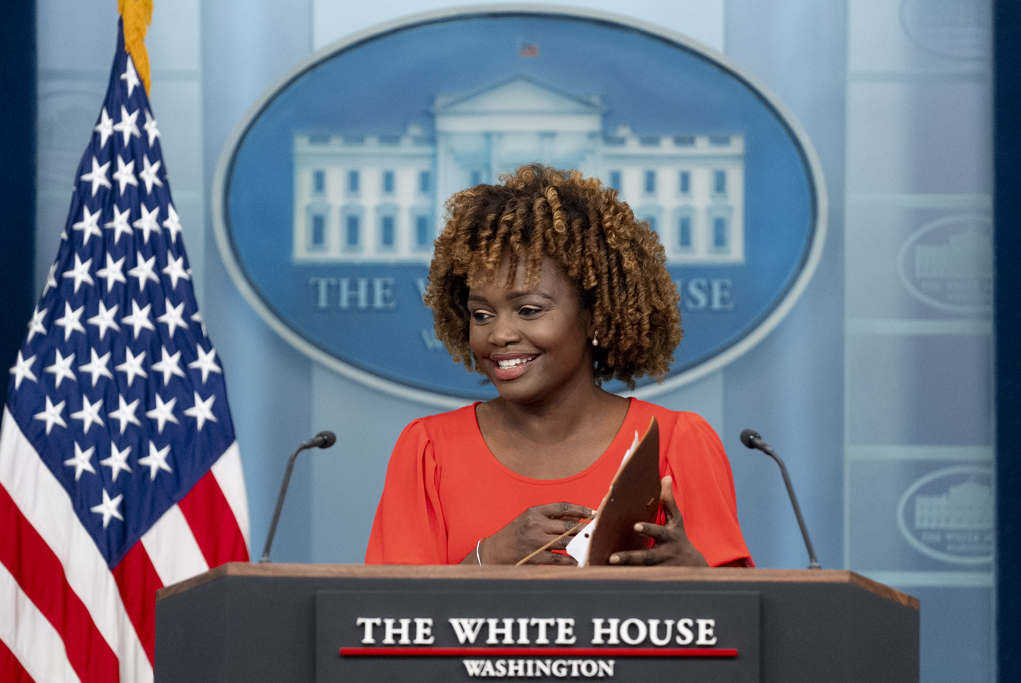 White House press secretary Karine Jean-Pierre speaks at a press briefing at the White House in Washington, Monday, Feb. 12, 2024. 