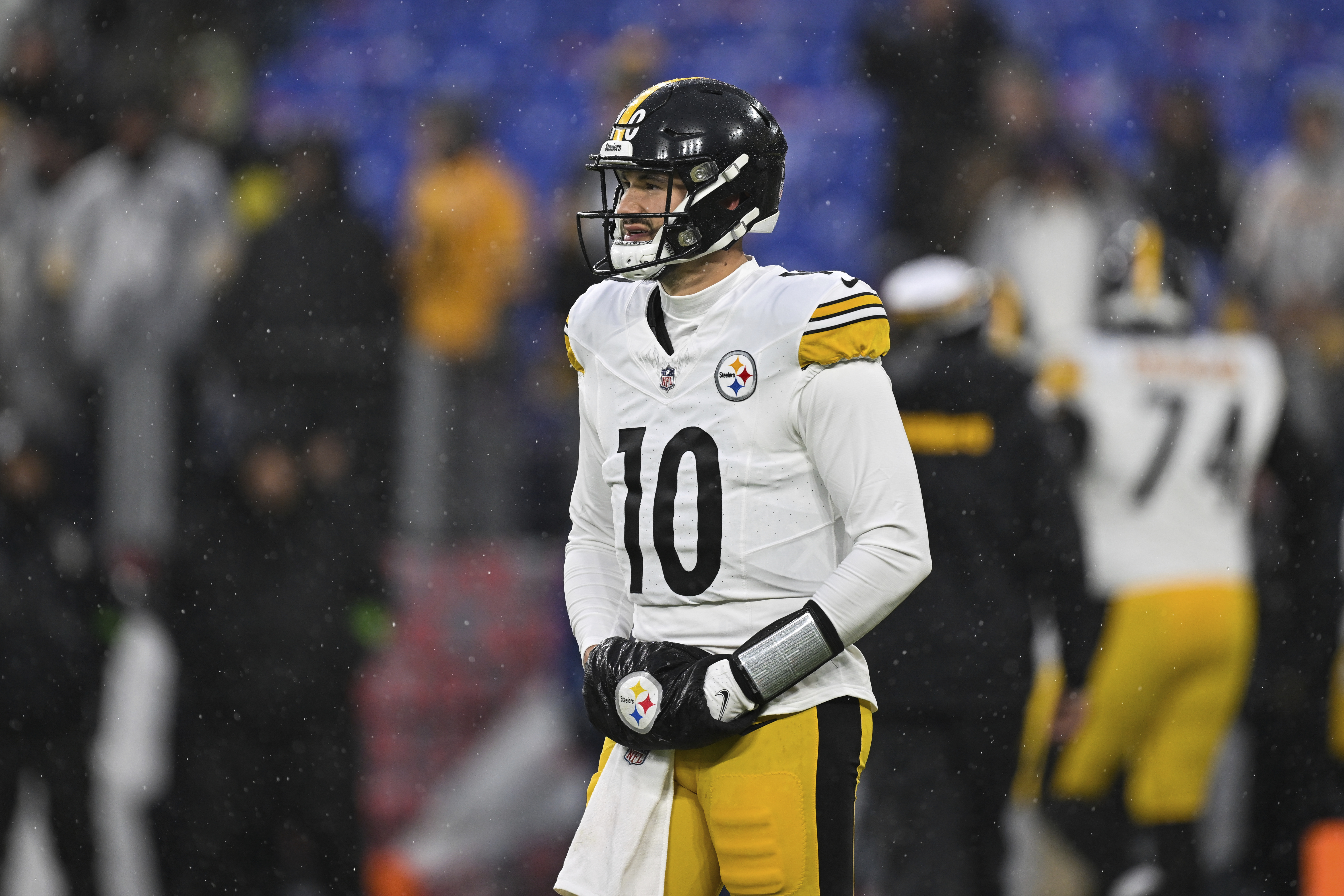 FILE - Pittsburgh Steelers quarterback Mitch Trubisky looks on during pre-game warm-ups before an NFL football game, Jan. 6, 2024, in Baltimore. Trubisky was released by the Steelers on Monday, Feb. 12, 2024, in a cost-cutting move designed to free up salary cap space going into free agency.