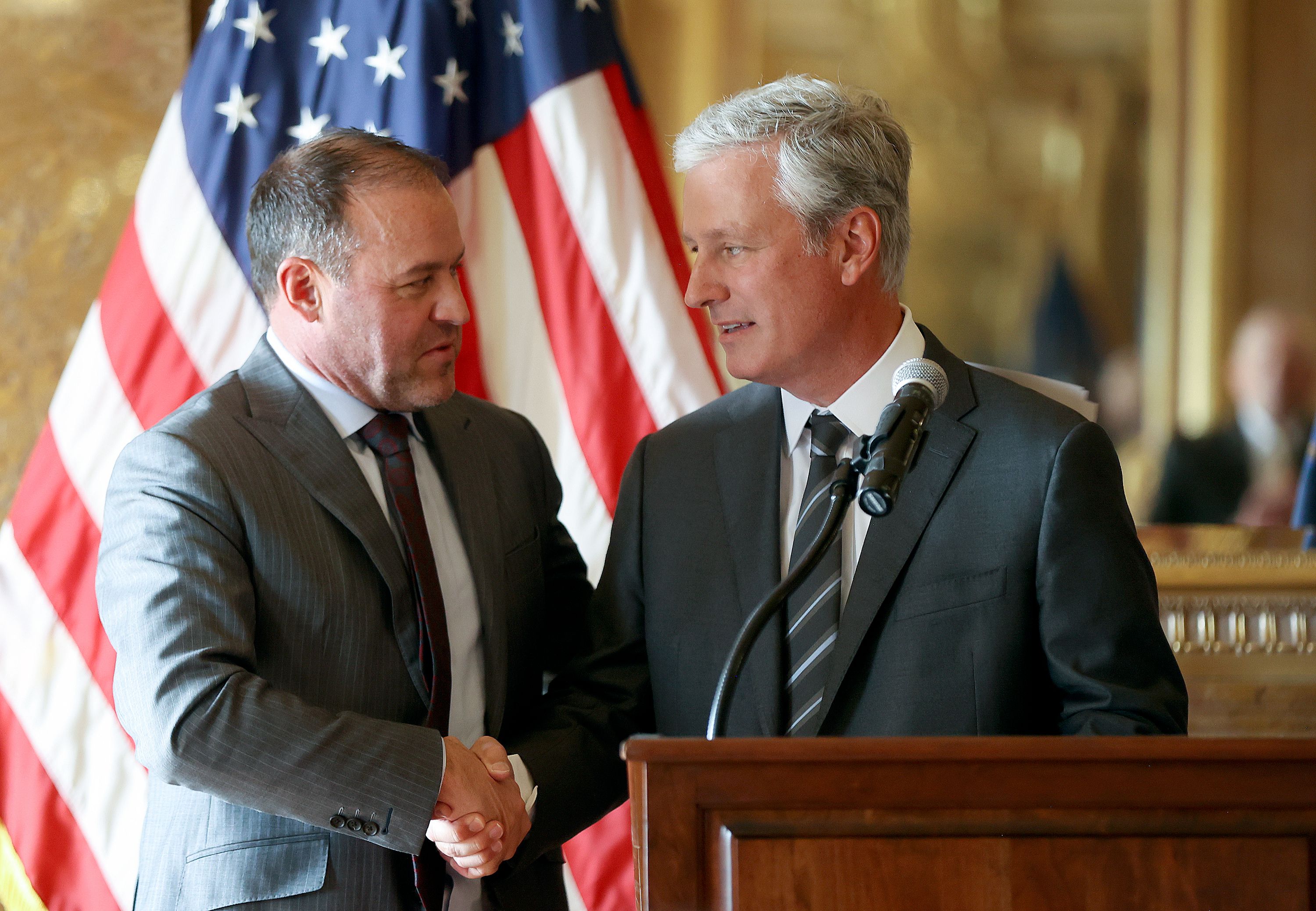 House Speaker Mike Schultz, R-Hooper, shakes hands with Robert C. O’Brien, former U.S. national security adviser, after O’Brien spoke about national security during a press conference at the Capitol in Salt Lake City on Monday.