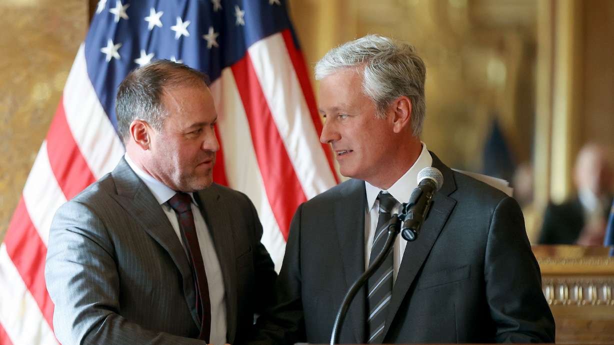 House Speaker Mike Schultz, R-Hooper, shakes hands with Robert C. O’Brien, former U.S. national security adviser, after O’Brien spoke about national security during a press conference at the Capitol in Salt Lake City on Monday.