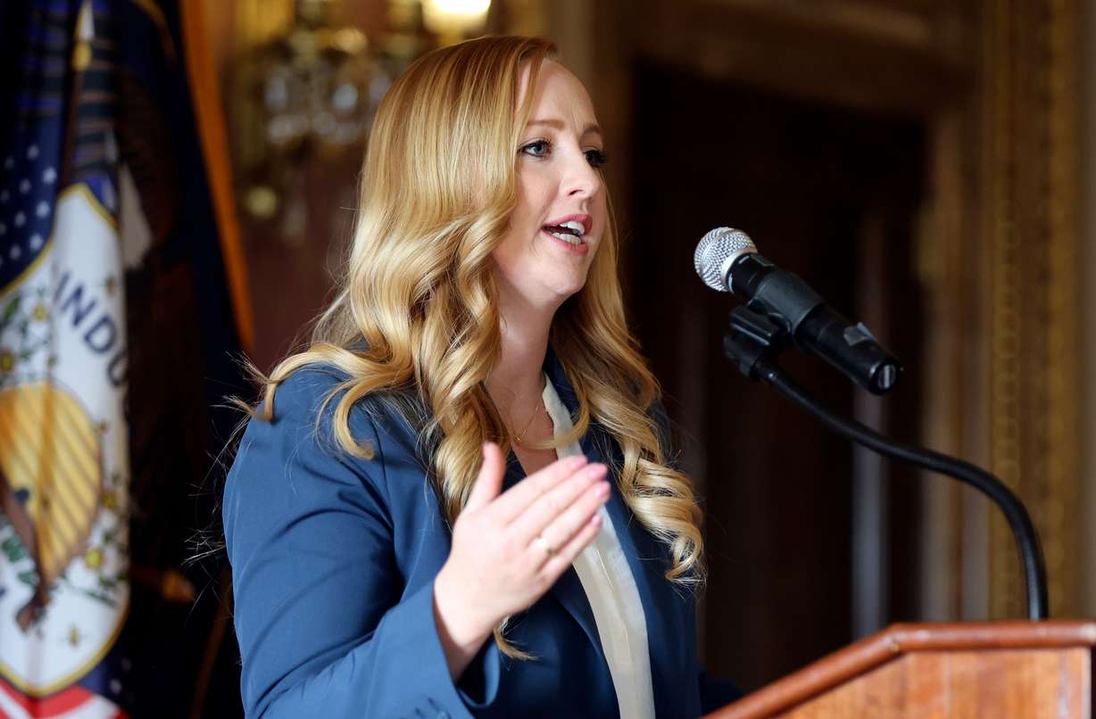 Rep. Candice Pierucci, R-Herriman, talks about national security during a press conference at the Capitol in Salt Lake City on Monday.