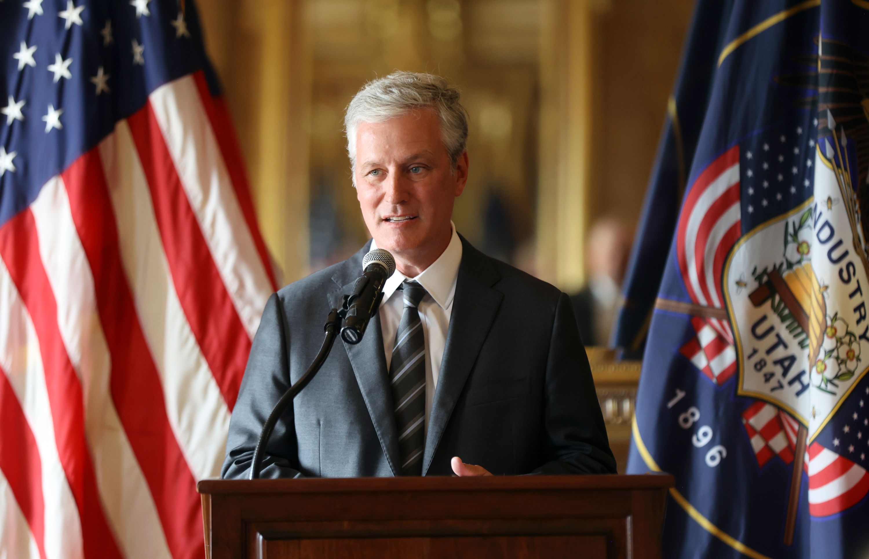 Robert C. O’Brien, former U.S. national security adviser, talks about national security during a press conference at the Capitol in Salt Lake City on Monday.