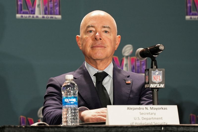 Homeland Security Secretary Alejandro Mayorkas speaks about security for the Super Bowl in Las Vegas, Feb. 7. The Republican-controlled U.S. House of Representatives on Tuesday narrowly voted to impeach Mayorkas.