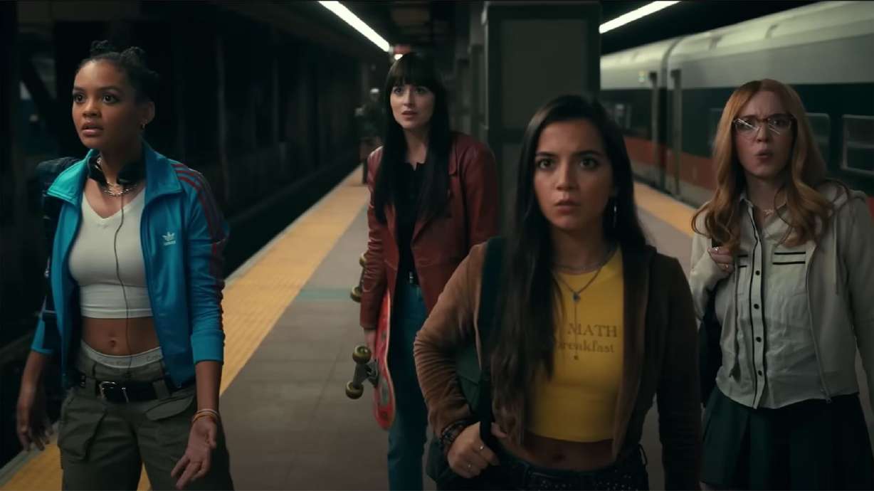 Celeste O'Connor, Dakota Johnson, Isabela Merced and Sydney Sweeney in "Madame Web."