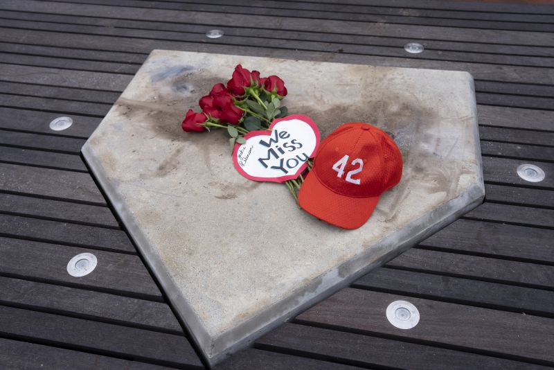 A group of people left tokens of affection at the baseball legend Jackie Robinson pavilion at McAdams Park in Wichita, Kan. on Jan. 27.