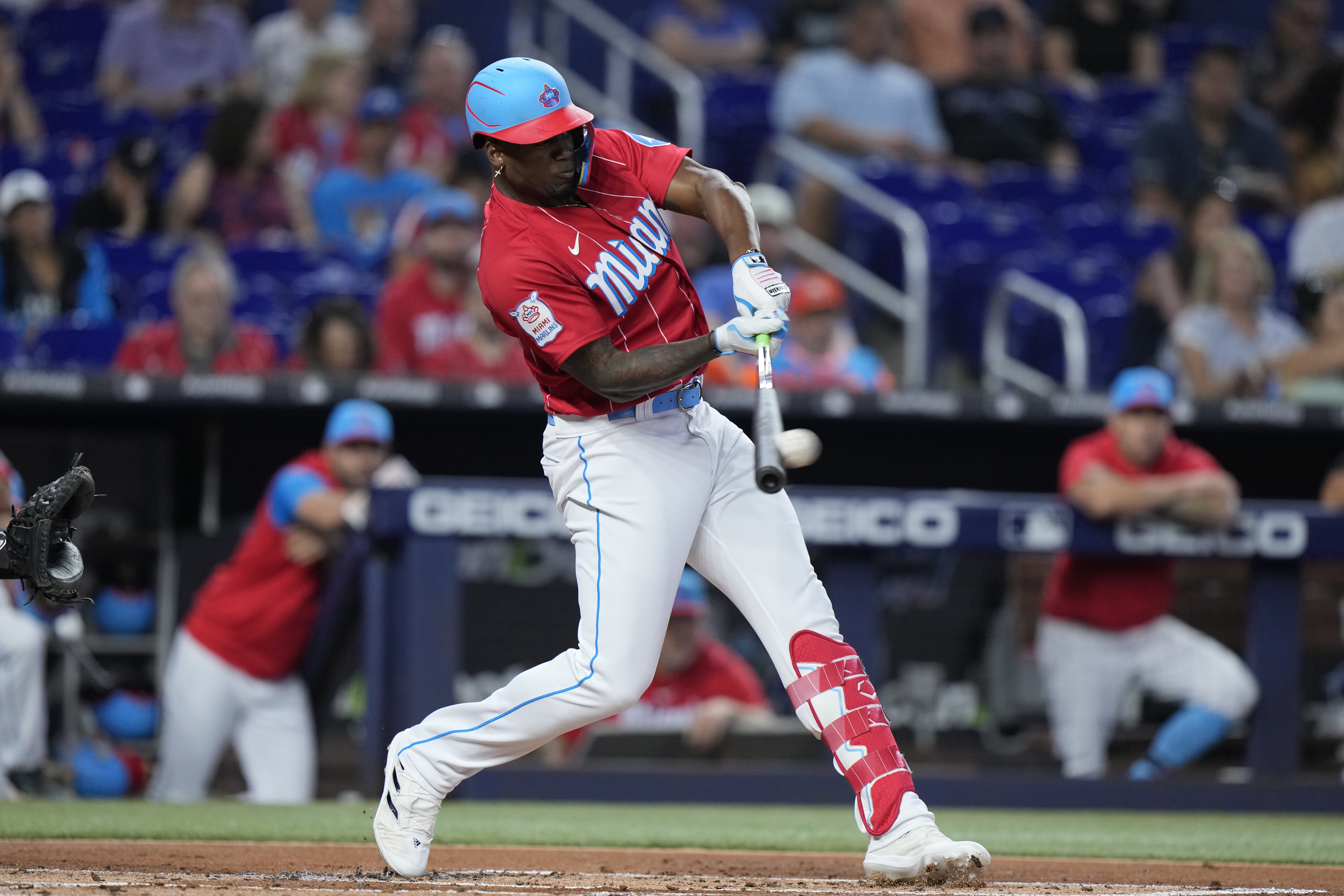 FILE - Miami Marlins designated hitter Jorge Soler bats during the first inning of a baseball game against the Washington Nationals, Saturday, Aug. 26, 2023, in Miami. Free agent outfielder Jorge Soler has agreed to a $42 million, three-year contract with the San Francisco Giants, according to a person with direct knowledge of the negotiations. 