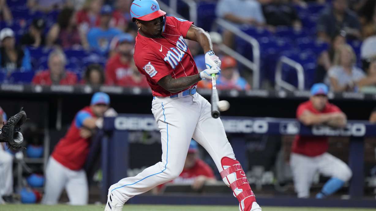 FILE - Miami Marlins designated hitter Jorge Soler bats during the first inning of a baseball game against the Washington Nationals, Saturday, Aug. 26, 2023, in Miami. Free agent outfielder Jorge Soler has agreed to a $42 million, three-year contract with the San Francisco Giants, according to a person with direct knowledge of the negotiations.