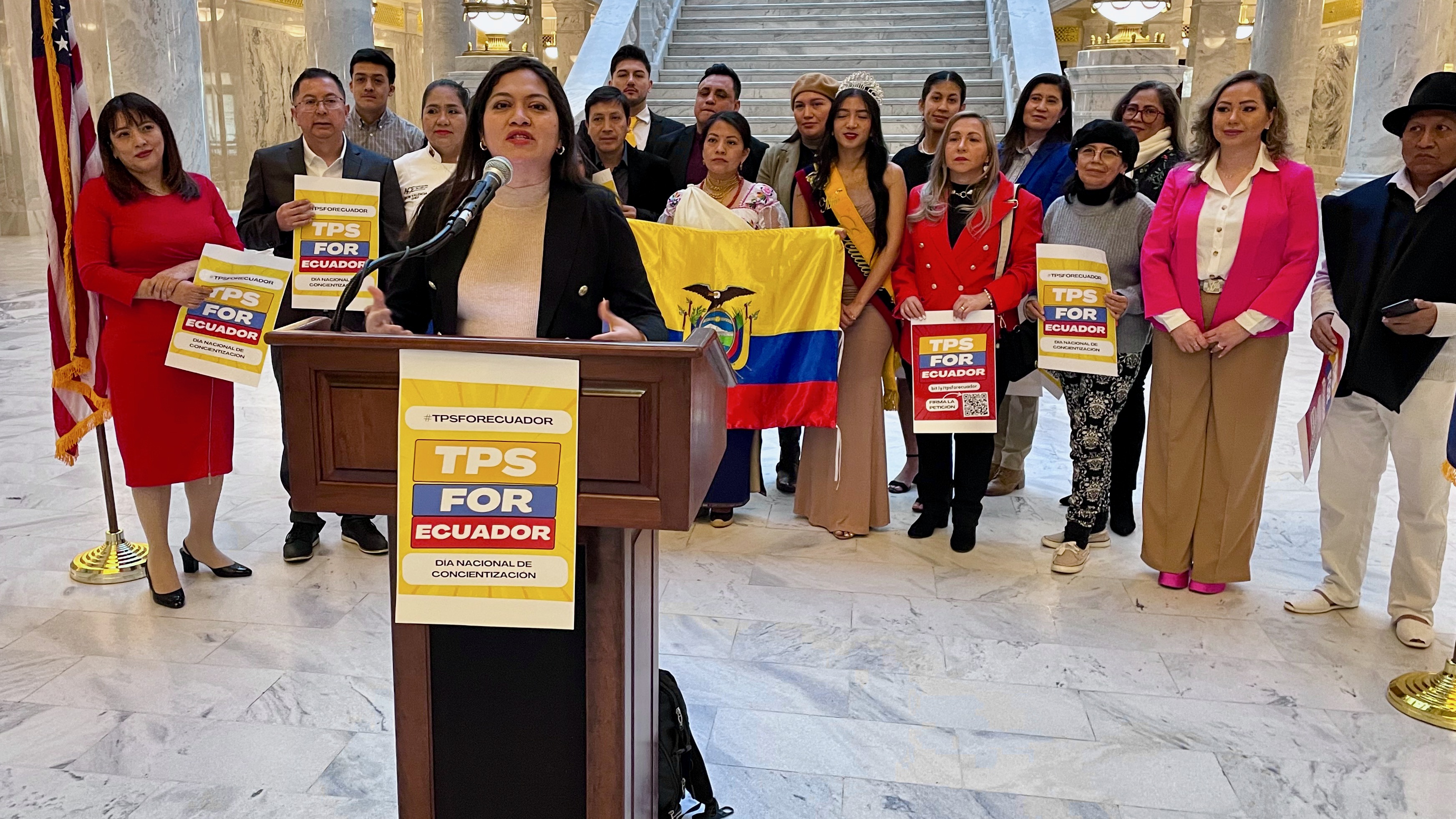 Linda Lopez Stone, accompanied by other Ecuadorians living in Utah, makes a public call, at the Utah Capitol in Salt Lake City on Tuesday, for the U.S. government to grant Ecuador temporary protected status given the turmoil in the country. Granting the status would allow eligible Ecuadorian immigrants to remain and work lawfully in the United States.