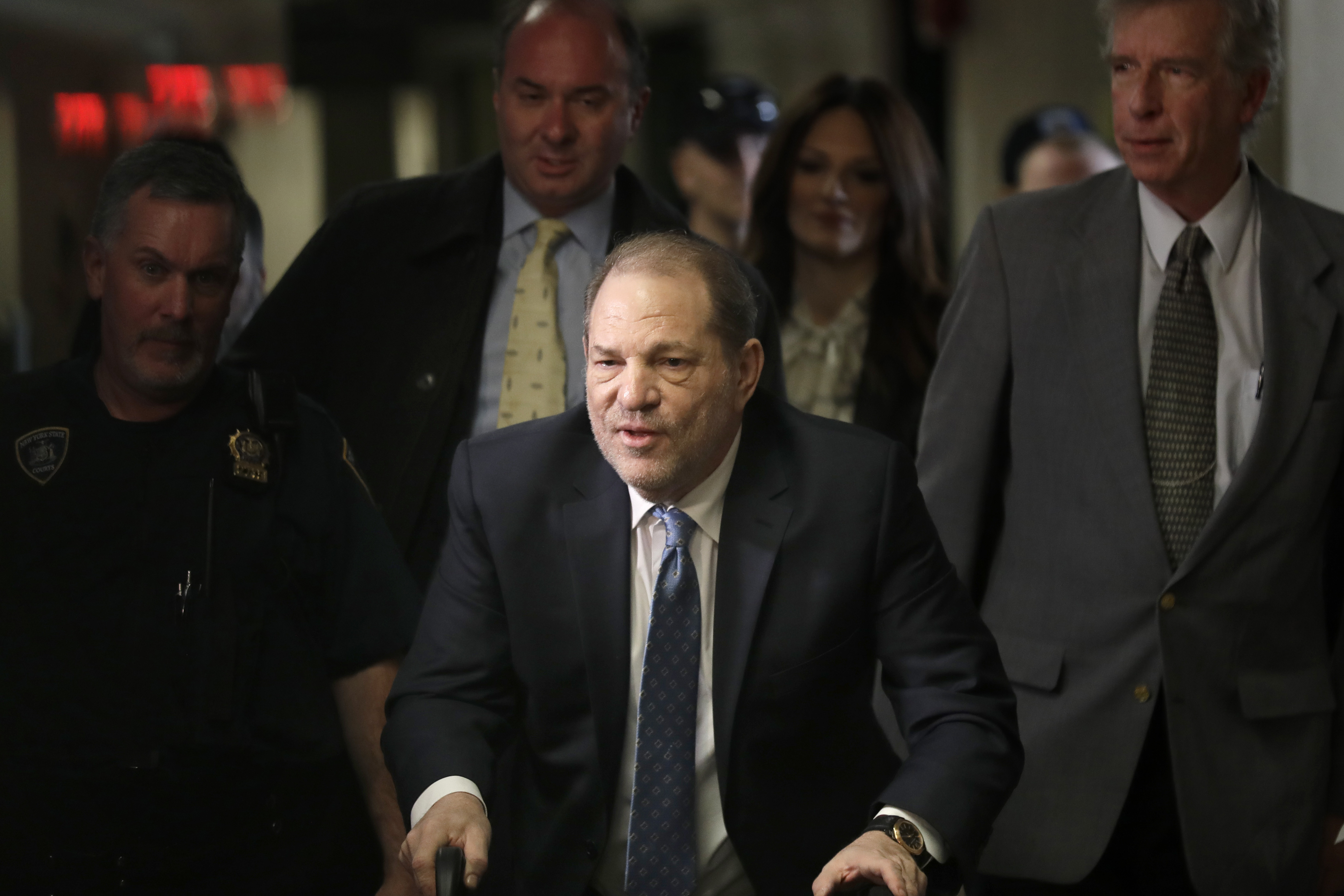 Harvey Weinstein arrives at a Manhattan courthouse for jury deliberations in his rape trial, Feb. 24, 2020, in New York. His lawyers will ask the court to dismiss the conviction on charges of rape and criminal sex act. 