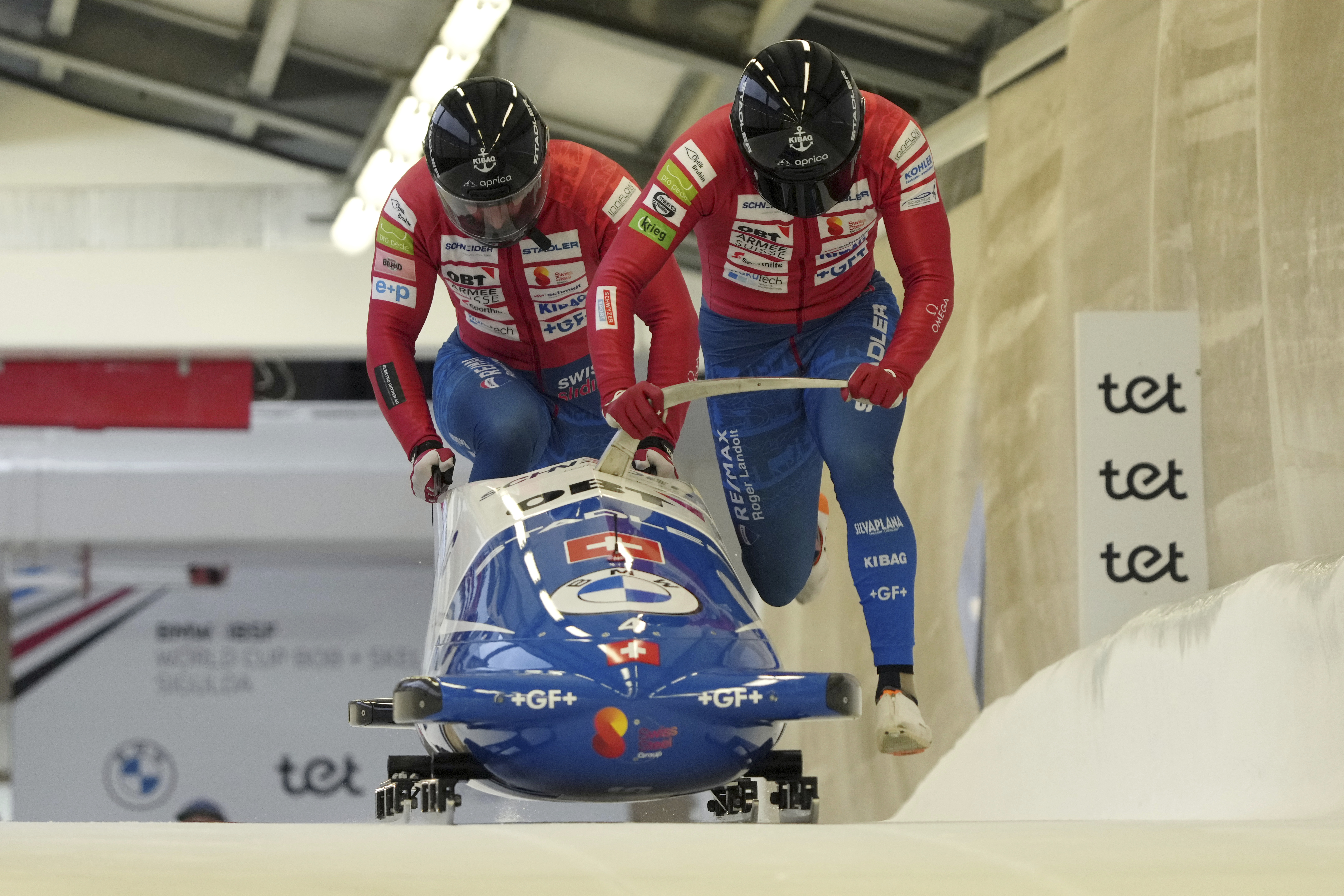 Sandro Michel and Michael Vogt of Switzerland start their first run of the two-man Bobsleigh World Cup race in Sigulda, Latvia, Saturday, Feb. 3, 2024. 