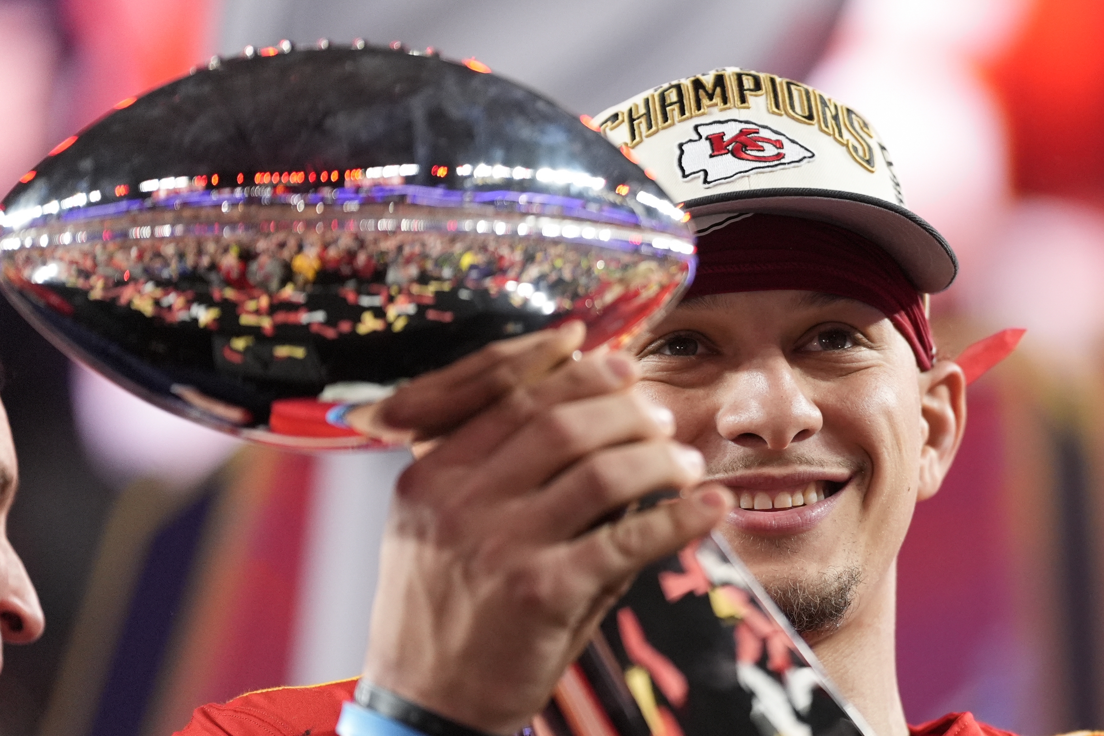 Kansas City Chiefs quarterback Patrick Mahomes holds the Vince Lombardi Trophy after the NFL Super Bowl 58 football game against the San Francisco 49ers on Sunday, Feb. 11, 2024, in Las Vegas. The Chiefs won 25-22. 