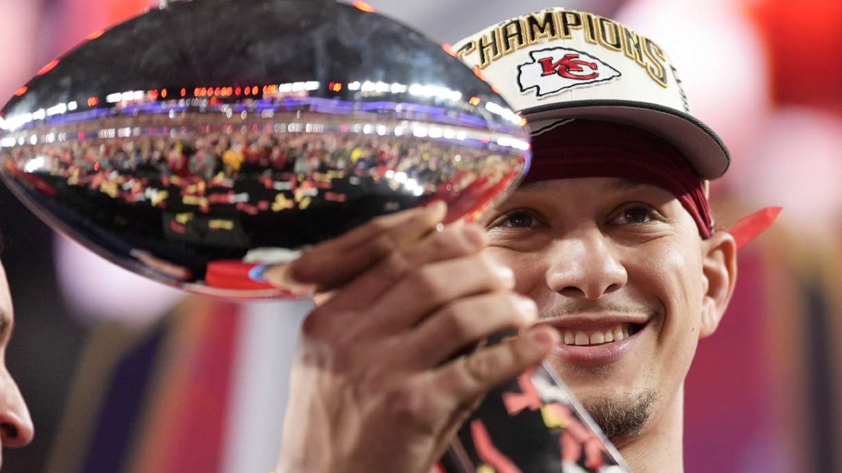 Kansas City Chiefs quarterback Patrick Mahomes holds the Vince Lombardi Trophy after the NFL Super Bowl 58 football game against the San Francisco 49ers on Sunday, Feb. 11, 2024, in Las Vegas. The Chiefs won 25-22.