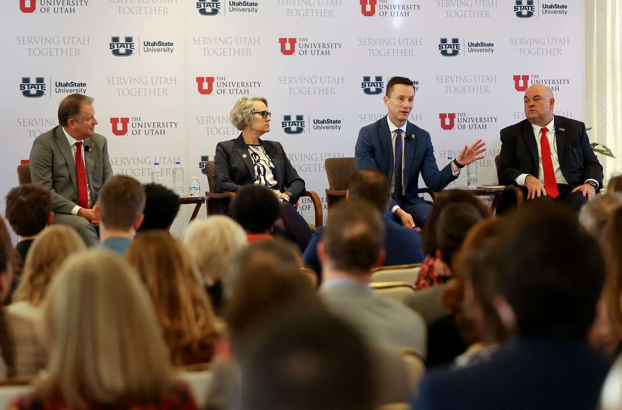 University of Utah President Taylor Randall, Utah State University President Elizabeth Cantwell, Weber State University President Brad Mortensen and Davis Technical College President Darin Brush participate in a panel discussion on the value of higher education, moderated by Kem C. Gardner Policy Institute director Natalie Gochnour, during a Newsmaker Breakfast at the Thomas S. Monson Center in Salt Lake City on Wednesday.