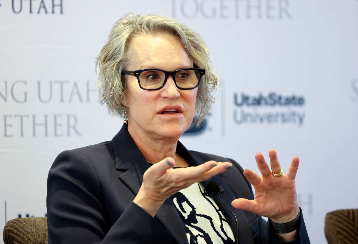 Utah State University President Elizabeth Cantwell speaks during a panel discussion on the value of higher education, moderated by Kem C. Gardner Policy Institute director Natalie Gochnour, during a Newsmaker Breakfast at the Thomas S. Monson Center in Salt Lake City on Wednesday.