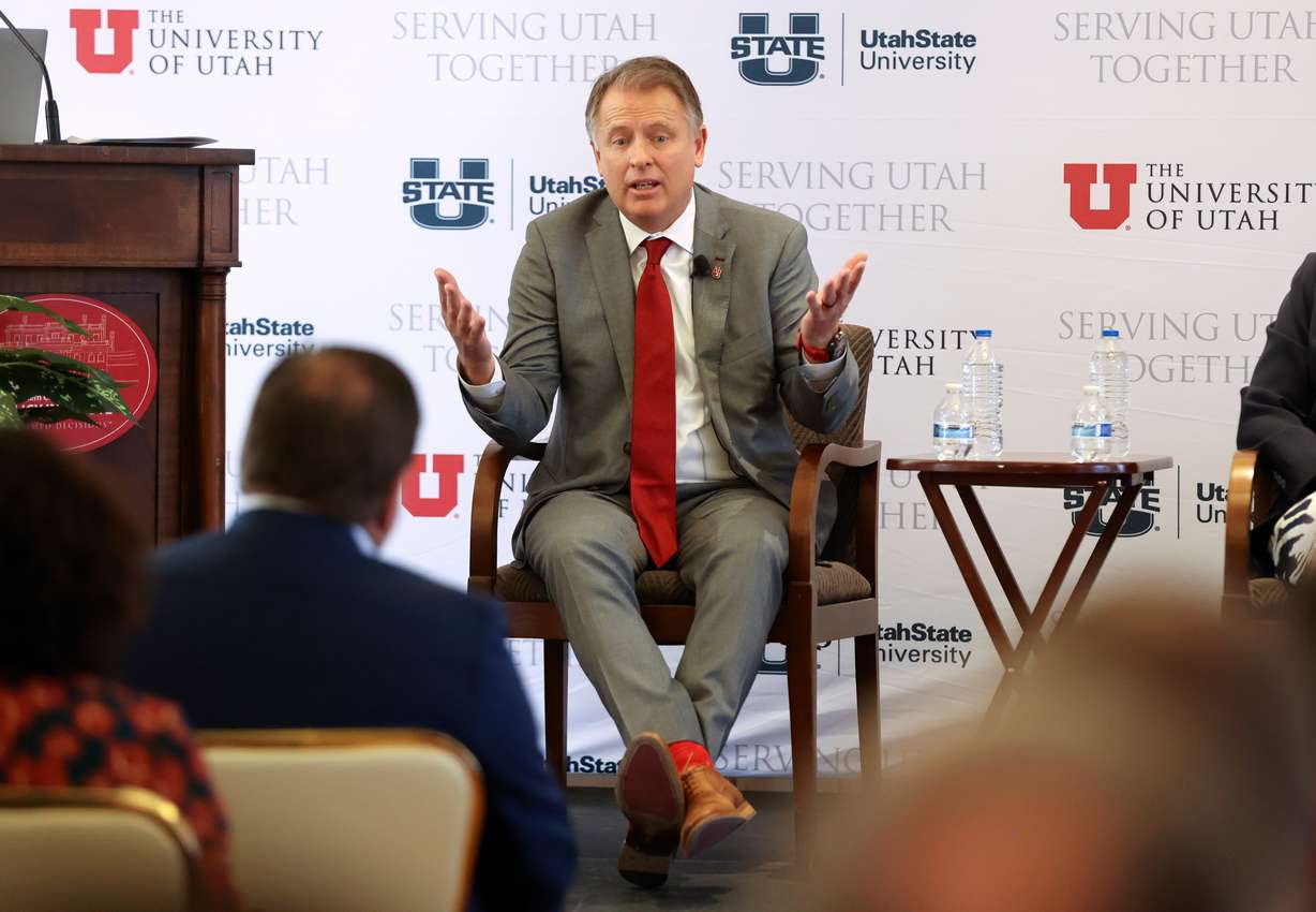University of Utah President Taylor Randall speaks during a panel discussion on the value of higher education, moderated by Kem C. Gardner Policy Institute director Natalie Gochnour, during a Newsmaker Breakfast at the Thomas S. Monson Center in Salt Lake City on Wednesday.