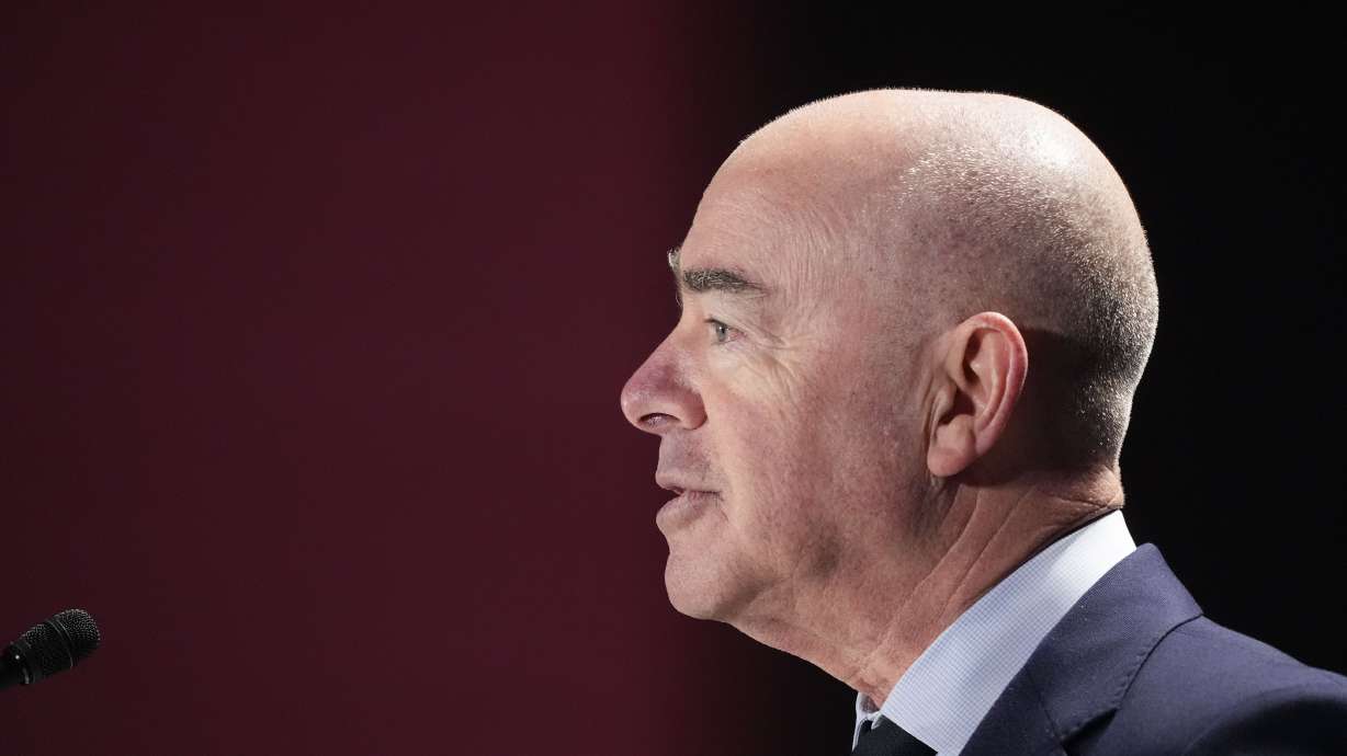 Homeland Security Secretary Alejandro Mayorkas speaks about security for the NFL’s Super Bowl football game, in Las Vegas on Feb. 7. House Republicans voted in favor of impeaching Mayorkas.