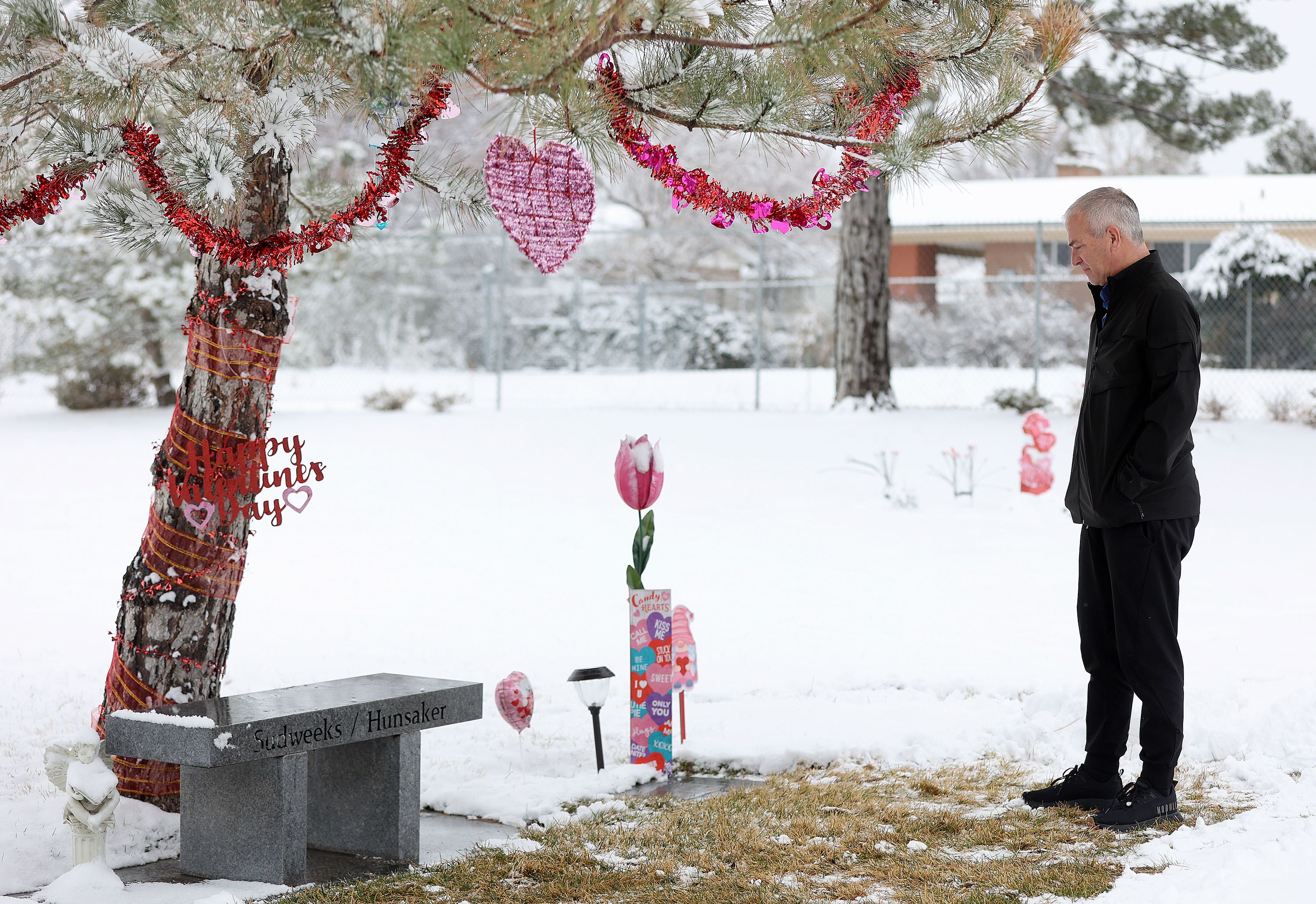 Matt Hunsaker visits the grave of his mother Maurine Hunsaker, who was murdered in 1986, at Valley View Memorial Park in West Valley City on Friday, Feb. 9.