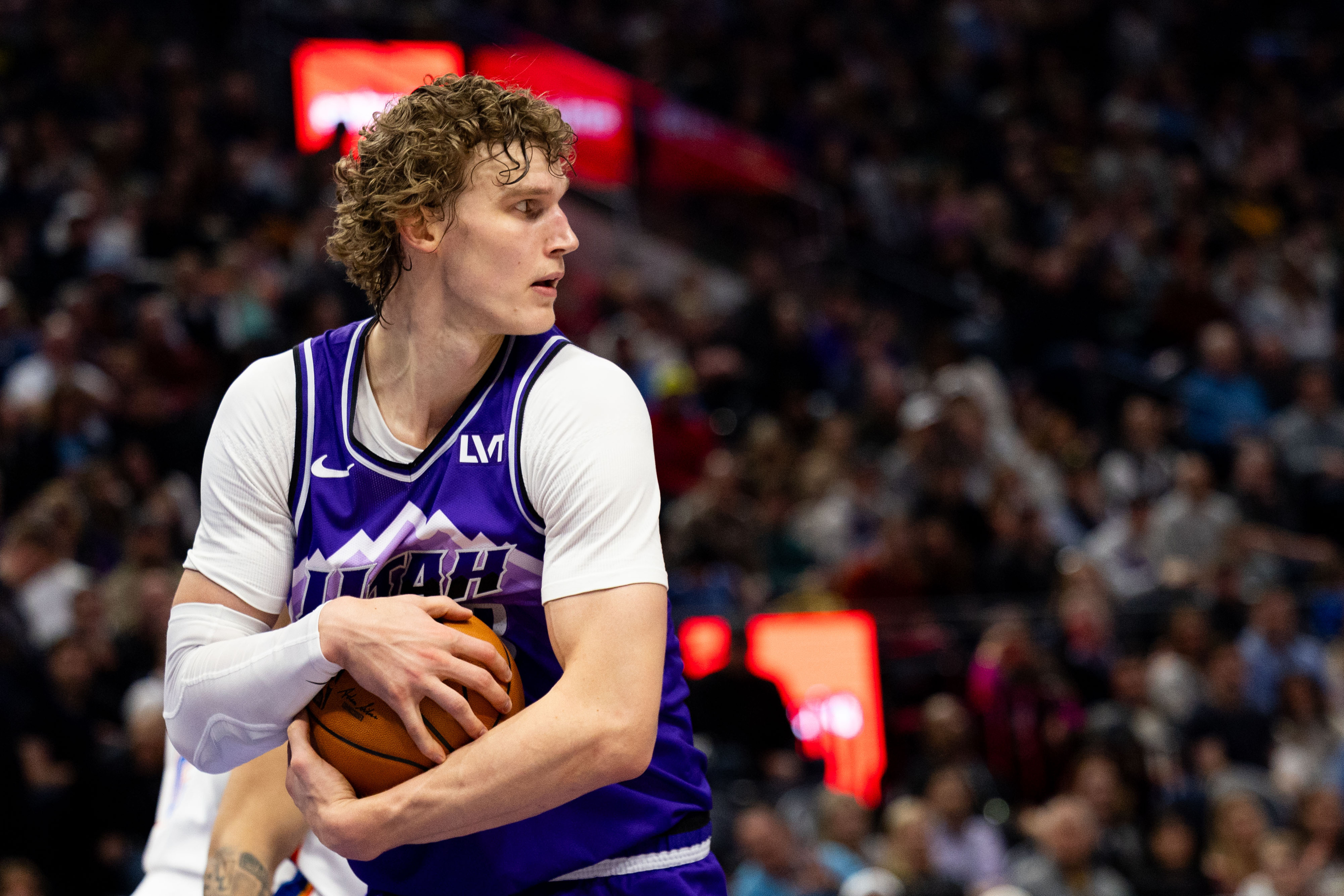 Utah Jazz forward Lauri Markkanen (23) holds onto the ball after a rebound during an NBA basketball game between the Utah Jazz and the Oklahoma City Thunder at the Delta Center in Salt Lake City on Tuesday, Feb. 6, 2024.