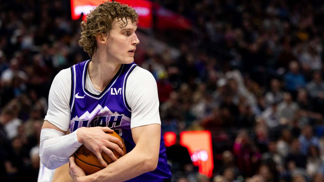Utah Jazz forward Lauri Markkanen (23) holds onto the ball after a rebound during an NBA basketball game between the Utah Jazz and the Oklahoma City Thunder at the Delta Center in Salt Lake City on Tuesday, Feb. 6, 2024.