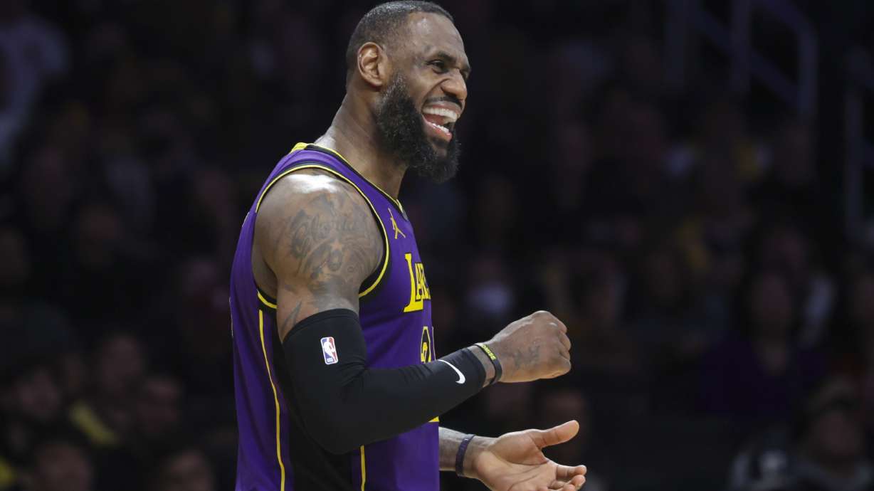 Los Angeles Lakers forward LeBron James (23) celebrates during the second half of the team's NBA basketball game against the New Orleans Pelicans on Friday, Feb. 9, 2024, in Los Angeles.