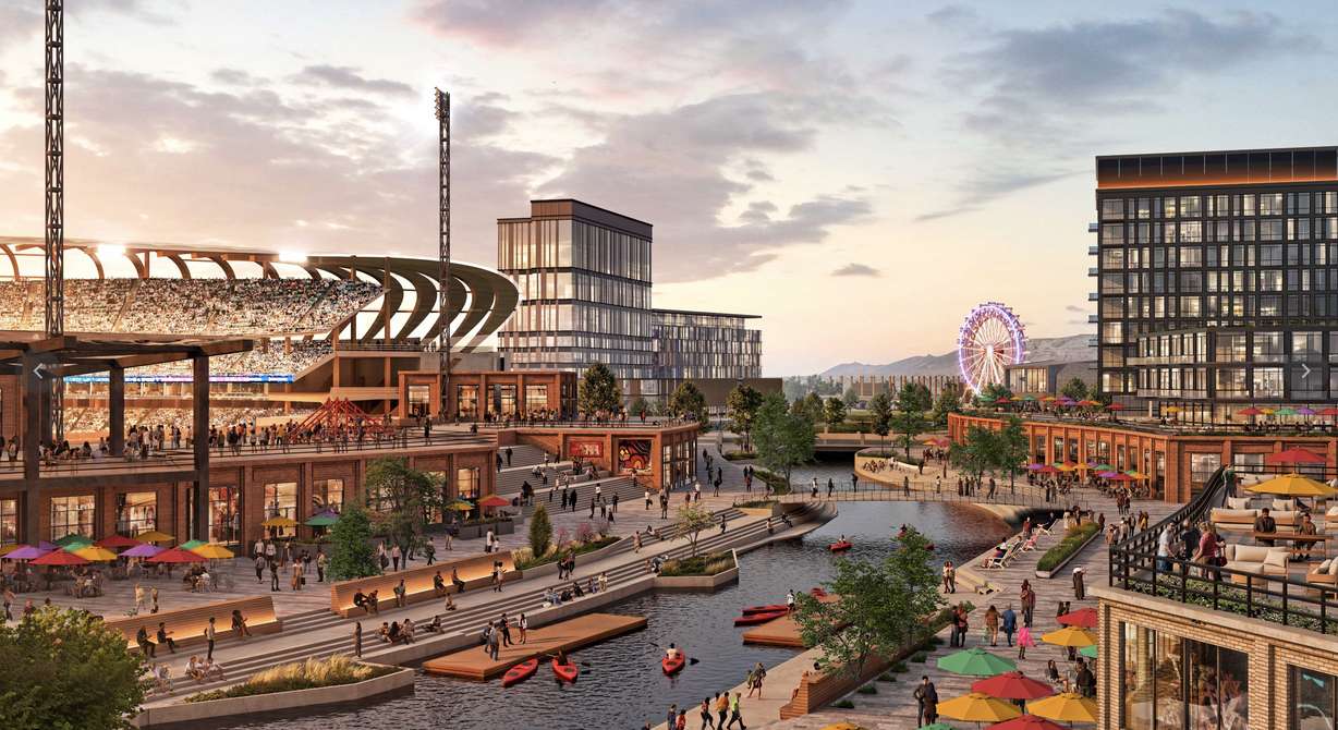 A conceptual rendering of a Jordan River "riverwalk" by a stadium in the Salt Lake City Power District.